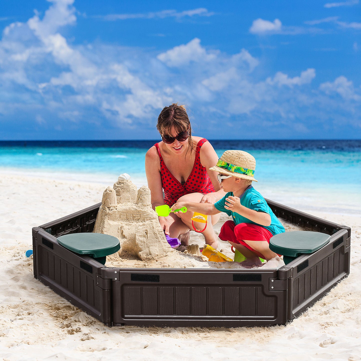 Outsunny Kids Sandbox with Cover Children Sandpit DIY Design Play Station Outdoor Backyard Includes 3 Seats, Bottom Liner | Aosom Canada