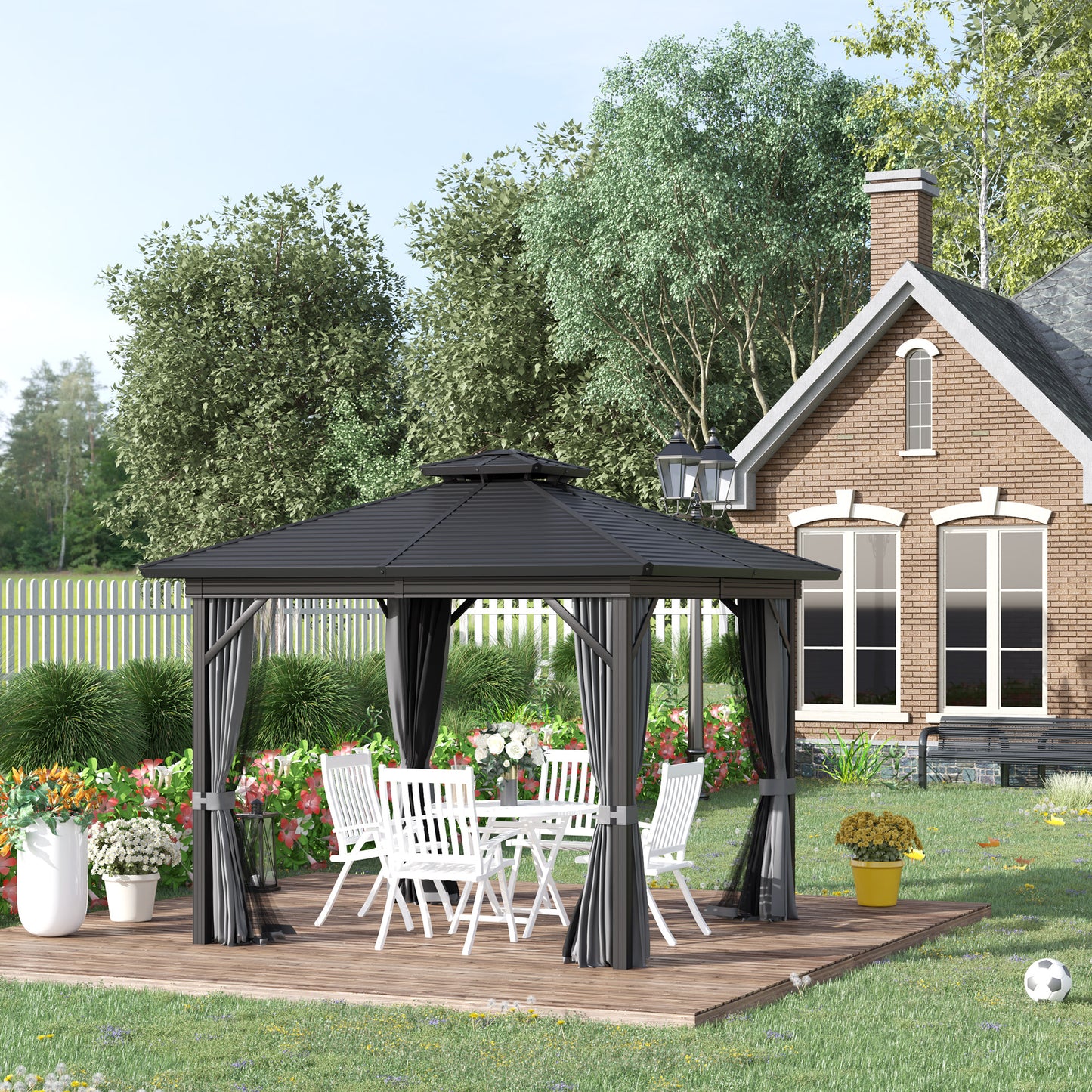 Outsunny 10' x 10' Steel Hardtop Gazebo Garden Sun Shelter with Mosquito Netting and Curtains Hanging Hook Aluminum Frame Black | Aosom Canada