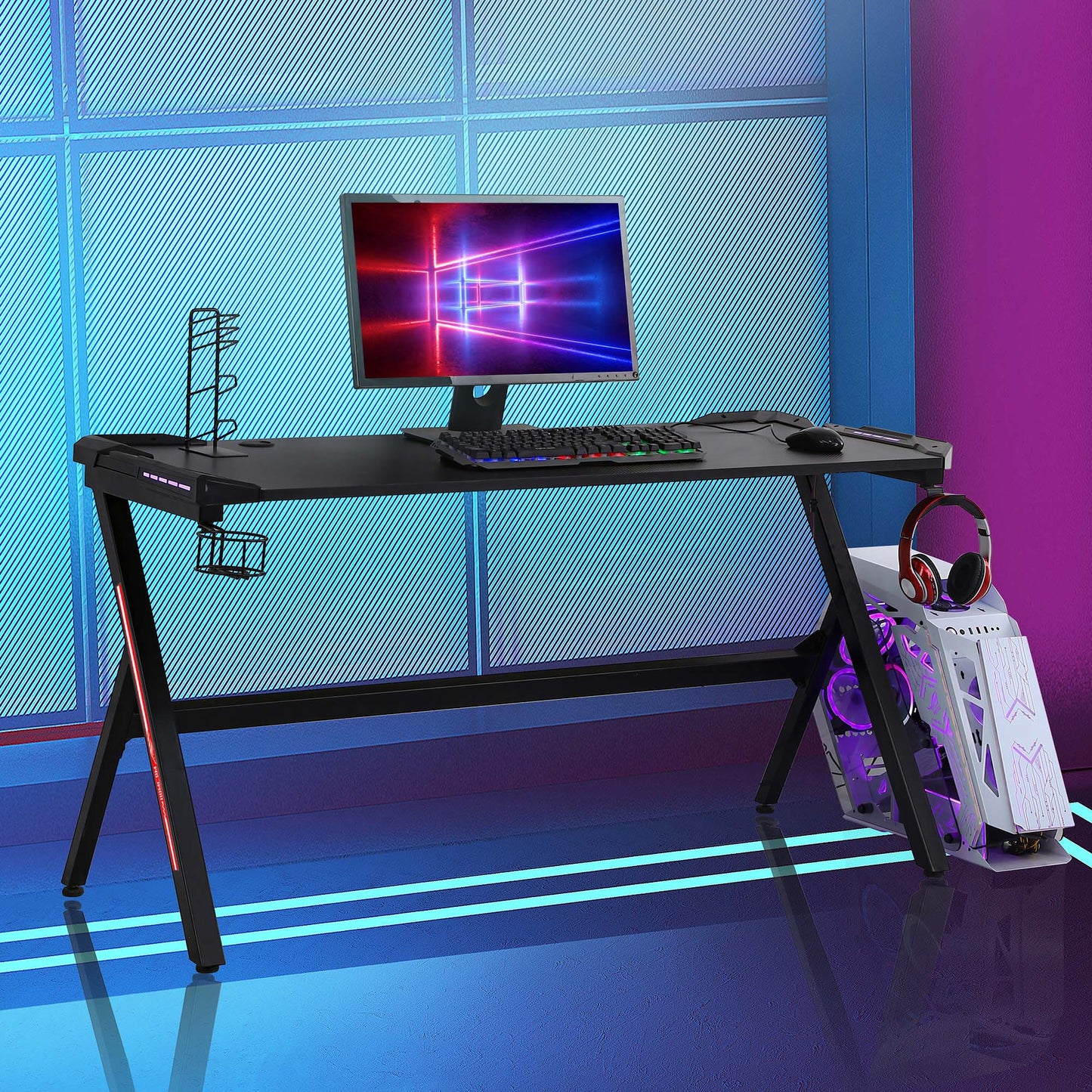HOMCOM 47.25" Gaming Desk Racing Style Computer Table with LED Light Cup Gamepad Holder Headphone Hook, Black | Aosom Canada