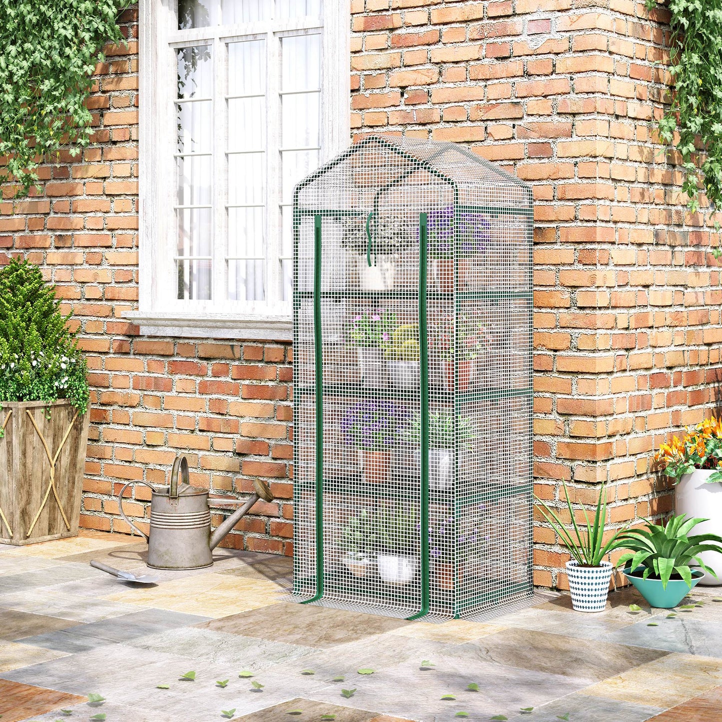 Outsunny 28"x20"x63" Portable Greenhouse with 4 Tier Shelves Outdoor Hot House Plant Flower Greenhouse, Steel Frame, PE Cover, White | Aosom Canada