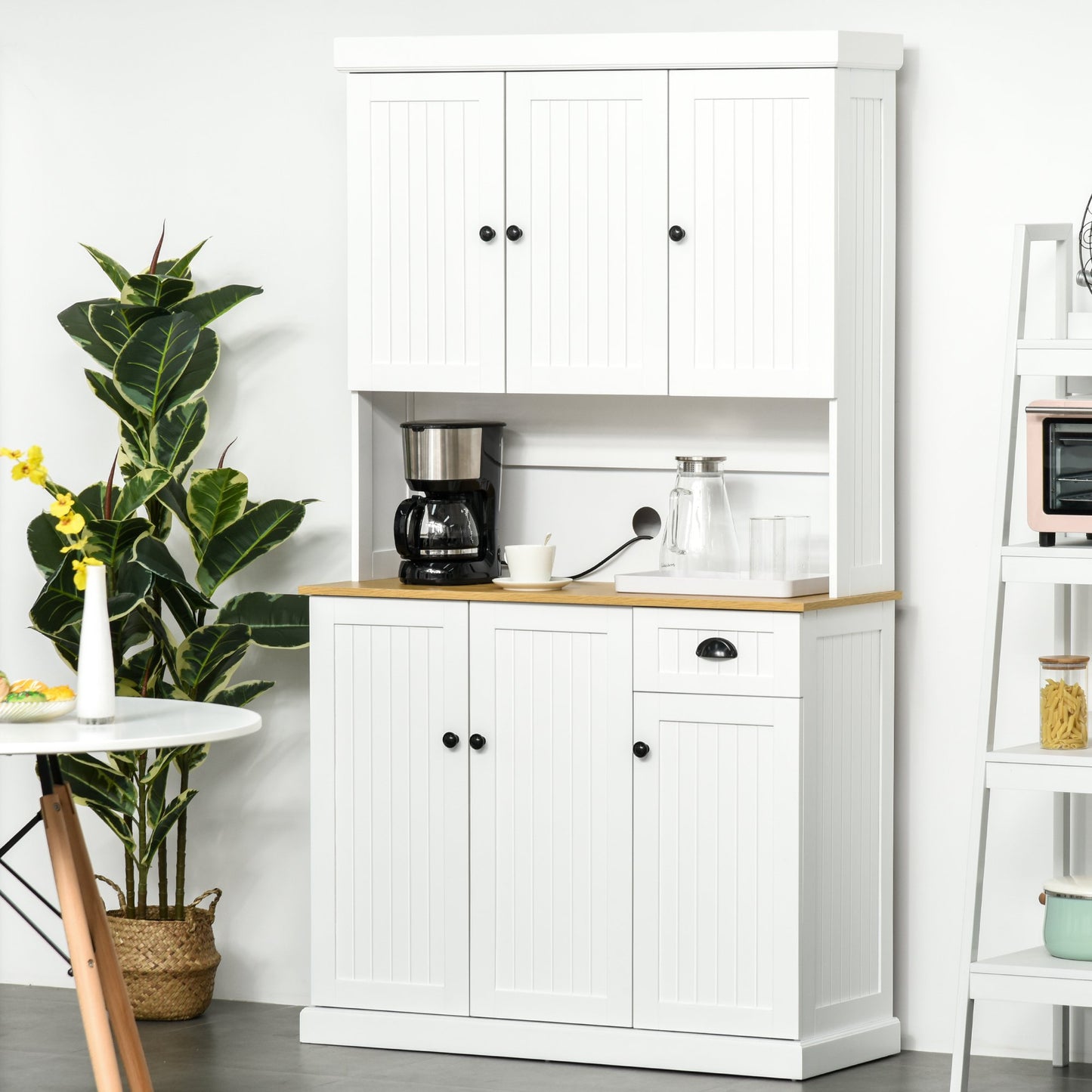 HOMCOM 71" Kitchen Pantry Buffet with Hutch Storage Cabinet Microwave Oven Stand with Drawer- White/Oak | Aosom Canada