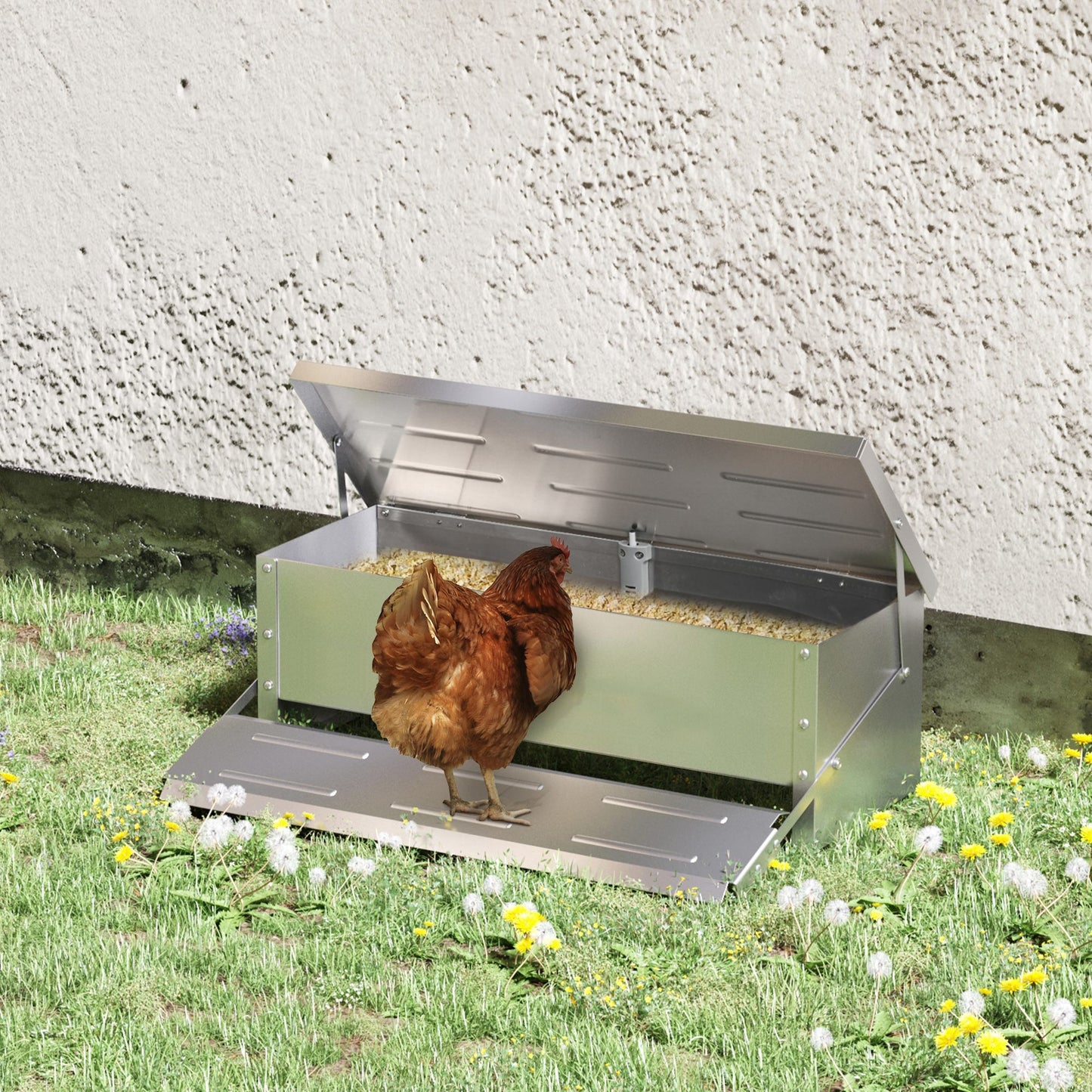 PawHut Automatic Chicken Feeder, 22.5 lbs Capacity Poultry Feeder with Self Opening Treadle, Lid, Silver | Aosom Canada