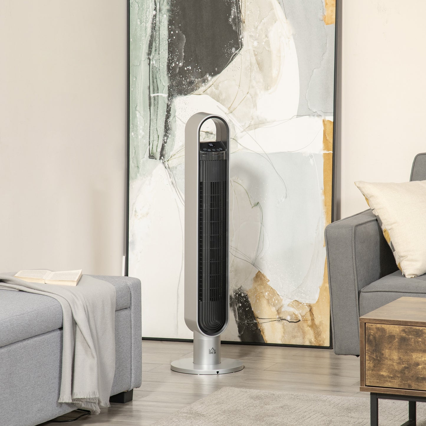 HOMCOM Freestanding Tower Fan Cooling for Home Bedroom with Oscillating, 3 Speed, 12h Timer, LED Sensor Panel, Silver | Aosom Canada