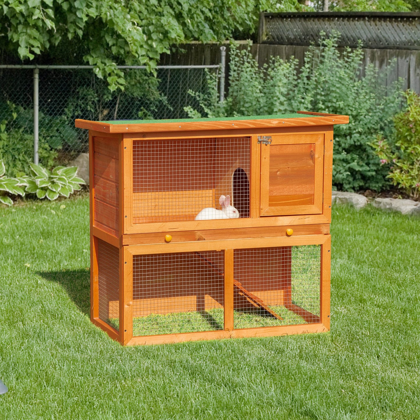 PawHut Wooden Rabbit Hutch Small Animal House Cage 2-Level w/ Run Backyard | Aosom Canada
