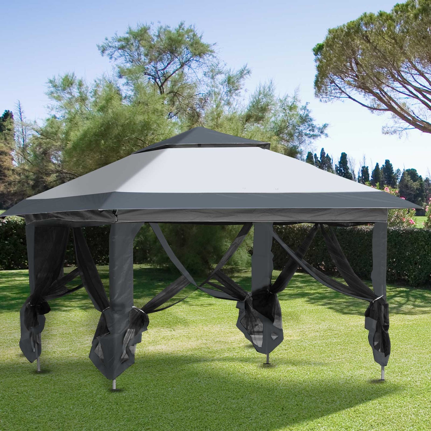 Outsunny 12' x 12' Heavy Duty Pop Up Canopy with Center Lift Hook Design, Mesh Sidewall Netting, Grey | Aosom Canada