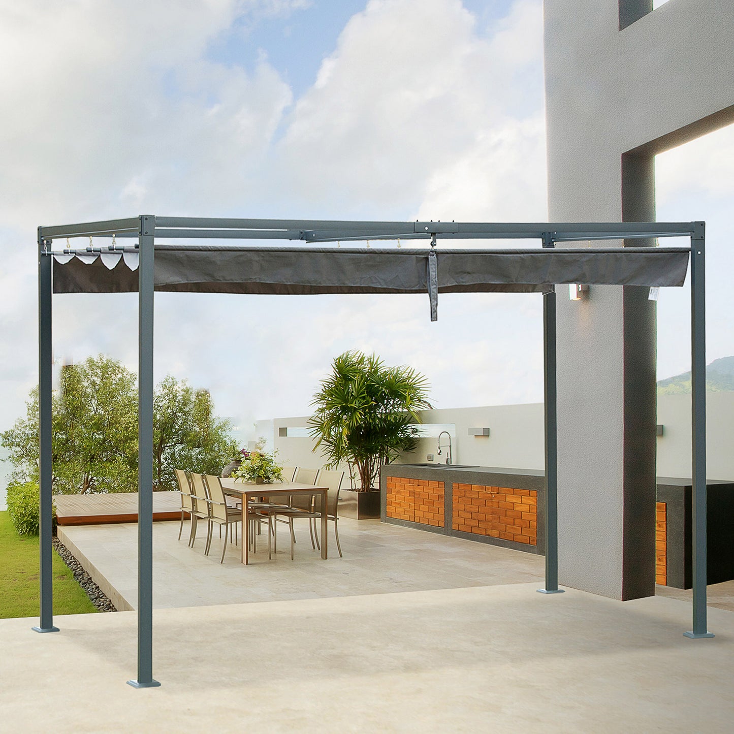 Outsunny 10x7ft Metal Frame Pergola Gazebo with Retractable Canopy Outdoor Patio Sun Shelter Garden Grape Tent Water-resistant Yard Shade Grey | Aosom Canada