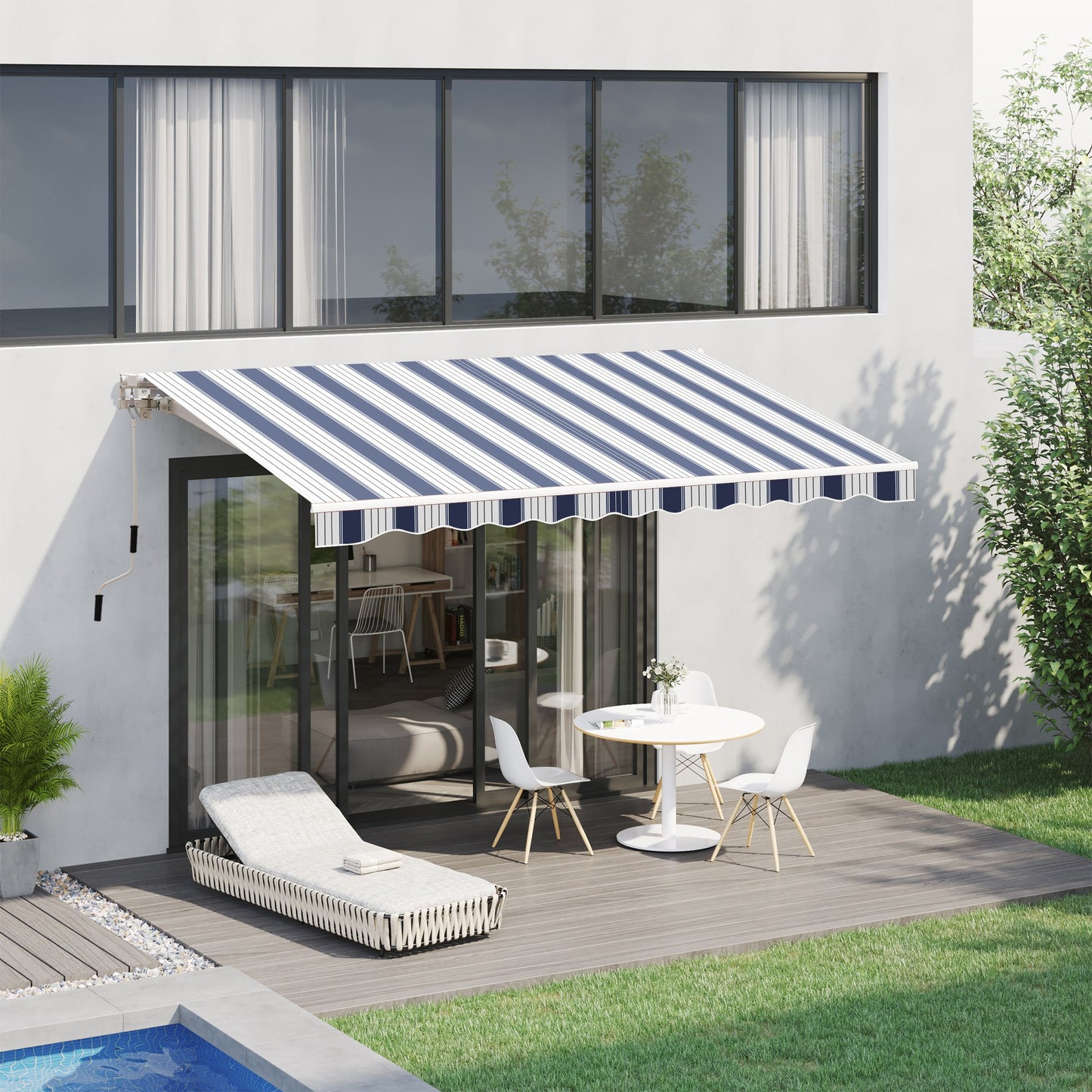 Outsunny 8'x7' Manual Retractable Water-resistant Sun Shade Patio Awning Outdoor Deck Canopy Shelter (Blue, White) | Aosom Canada