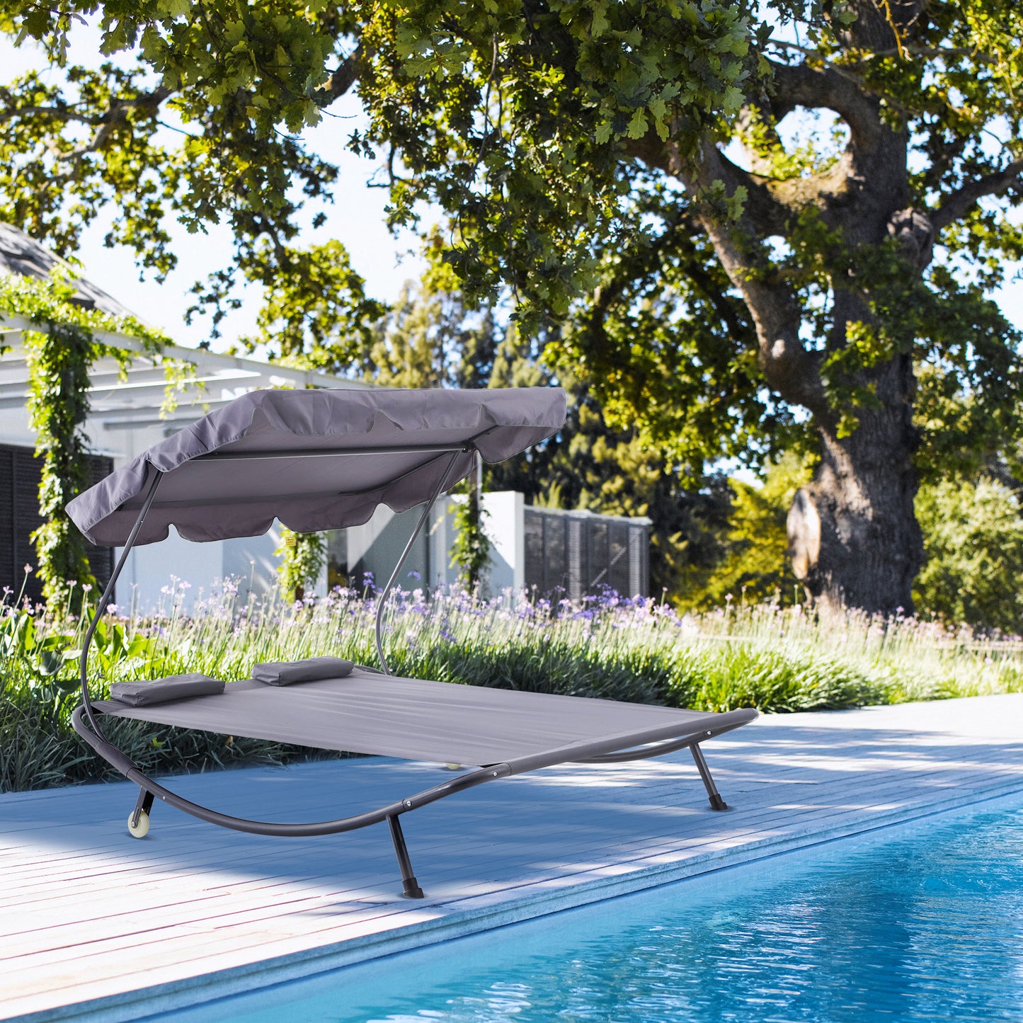 Outsunny Double Chaise Outdoor Lounge Bed with Canopy and Headrest Pillow, Portable Patio Sunbed Hammock Lounger, Grey | Aosom Canada