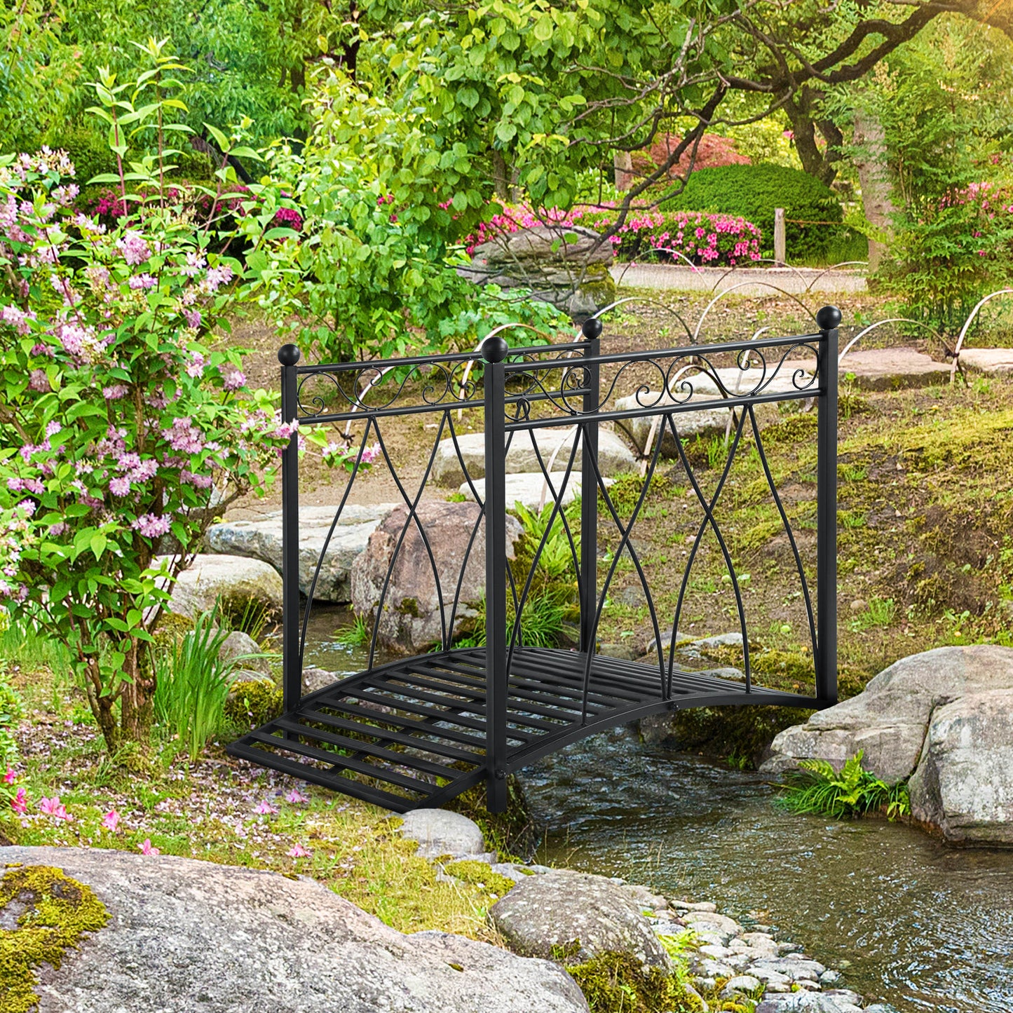 Outsunny Classic Garden Bridge with Safety Railings Arc Footbridge Decorative Pond Bridge for Backyard Creek Stream, Black | Aosom Canada