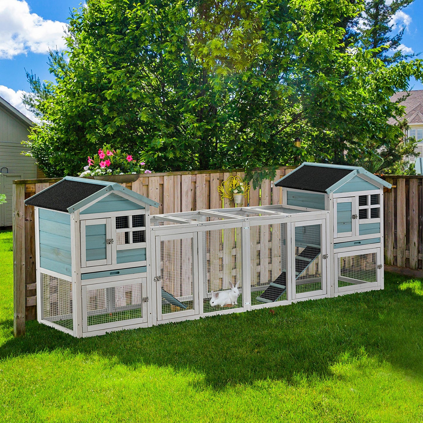 PawHut 102" 2 in 1 Wooden Rabbit Hutch Double Main House Pet Playpen Large Bunny House Enclosure for Indoor Outdoor with Run Box, Blue | Aosom Canada