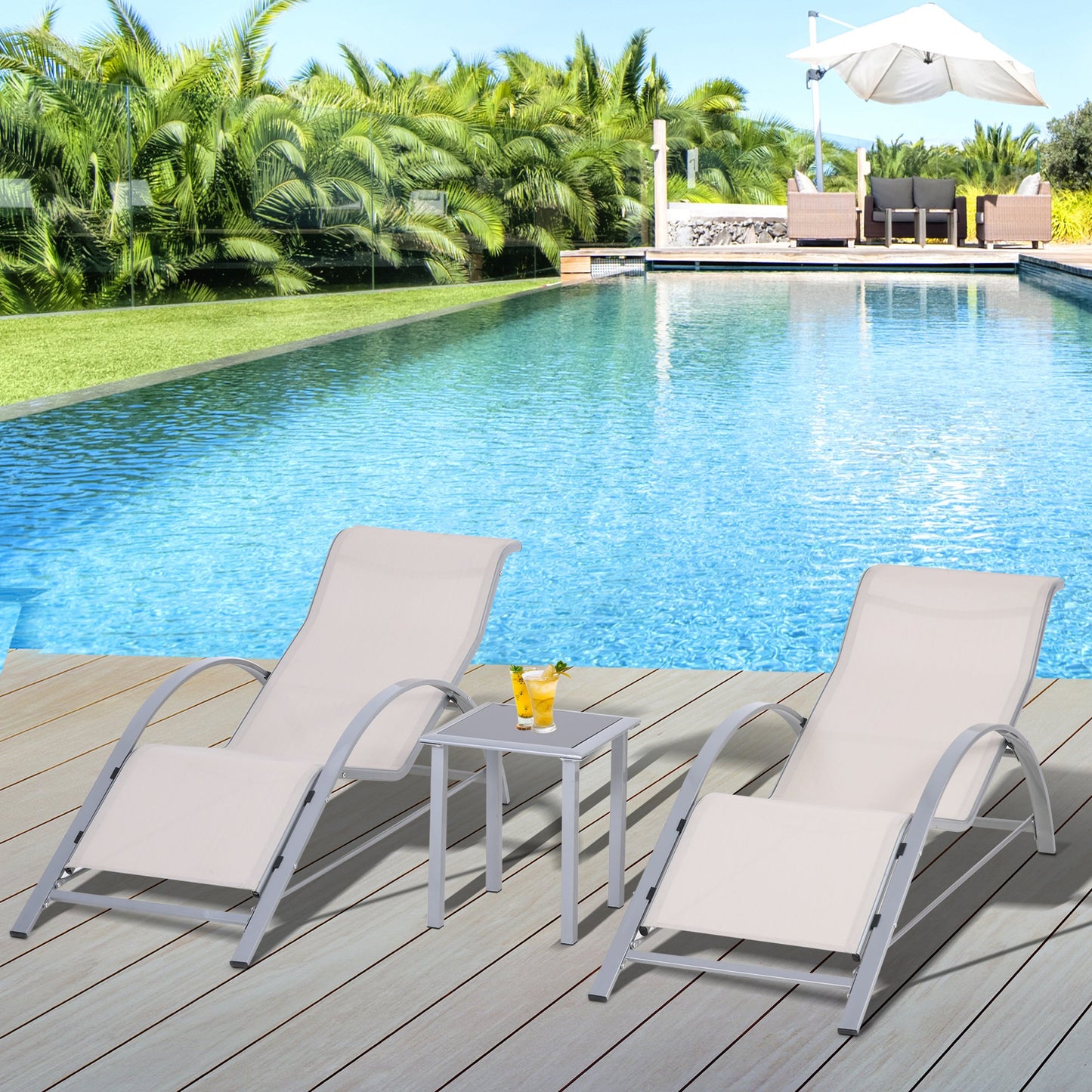 Outsunny 3 Pieces Patio Lounge Chair Set Outdoor Sunbathing Chair with Table for Yard Garden, Cream White | Aosom Canada