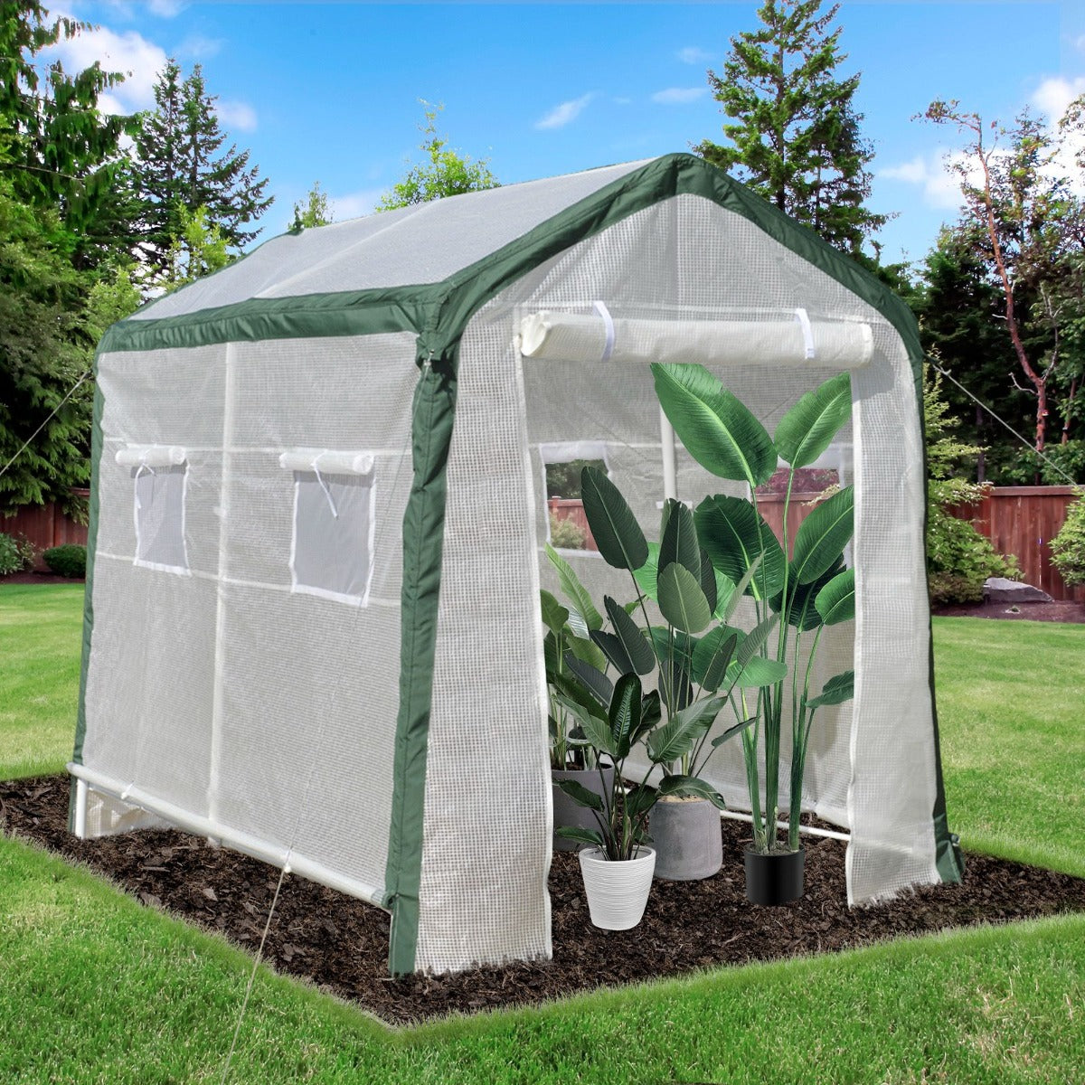 Outsunny 95'' x 71'' x 79'' Greenhouse with Roll Up Door and 4 Windows Plant Growth Warm House Outdoor PE Cover Steel Frame White | Aosom Canada