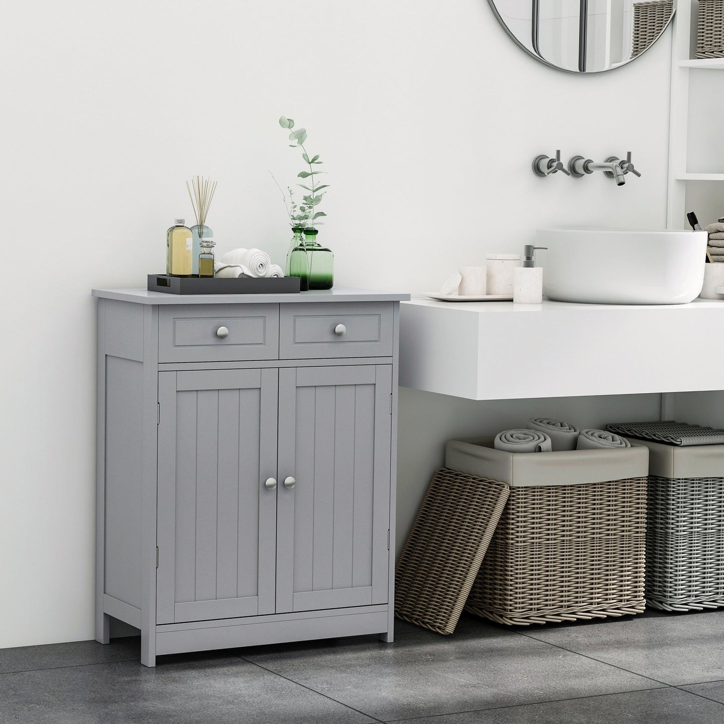 kleankin Freestanding Bathroom Storage Cabinet Organizer Floor Tower with 2 Door, 2 Drawers, Adjustable Shelf, Grey | Aosom Canada