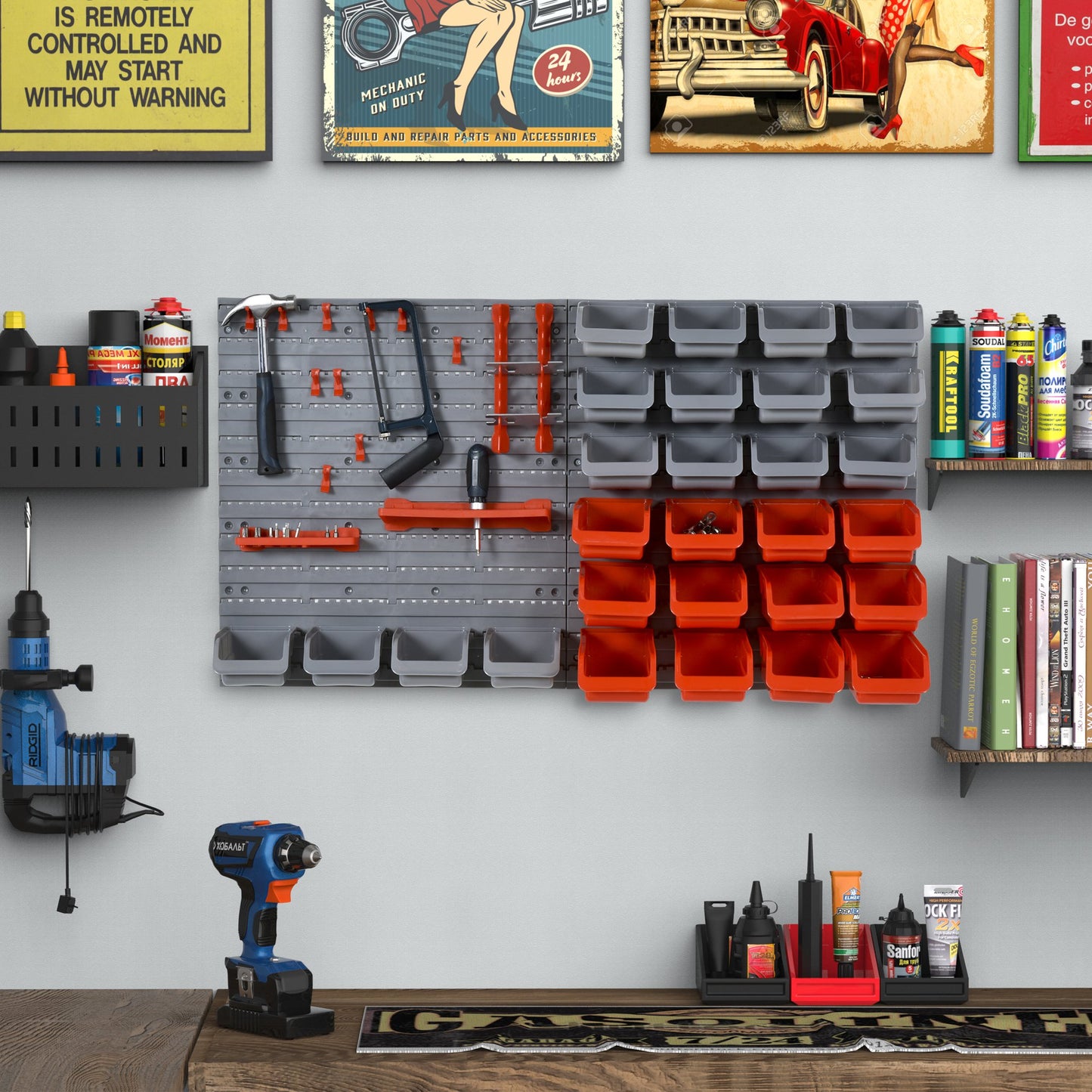 DURHAND 44PC Wall Mounted Storage Bins Parts Rack Kit with Storage Bins, Pegboard and Hooks, Garage Plastic Organizer, Red | Aosom Canada