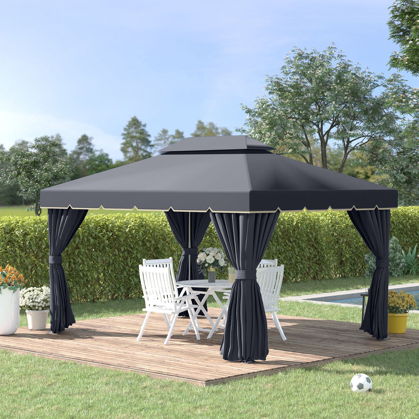 Outsunny 13' x 10' Outdoor Patio Gazebo Canopy with 2-Tier Polyester Roof, Vented Mesh Sidewall & Strong Aluminum Frame, Black | Aosom Canada