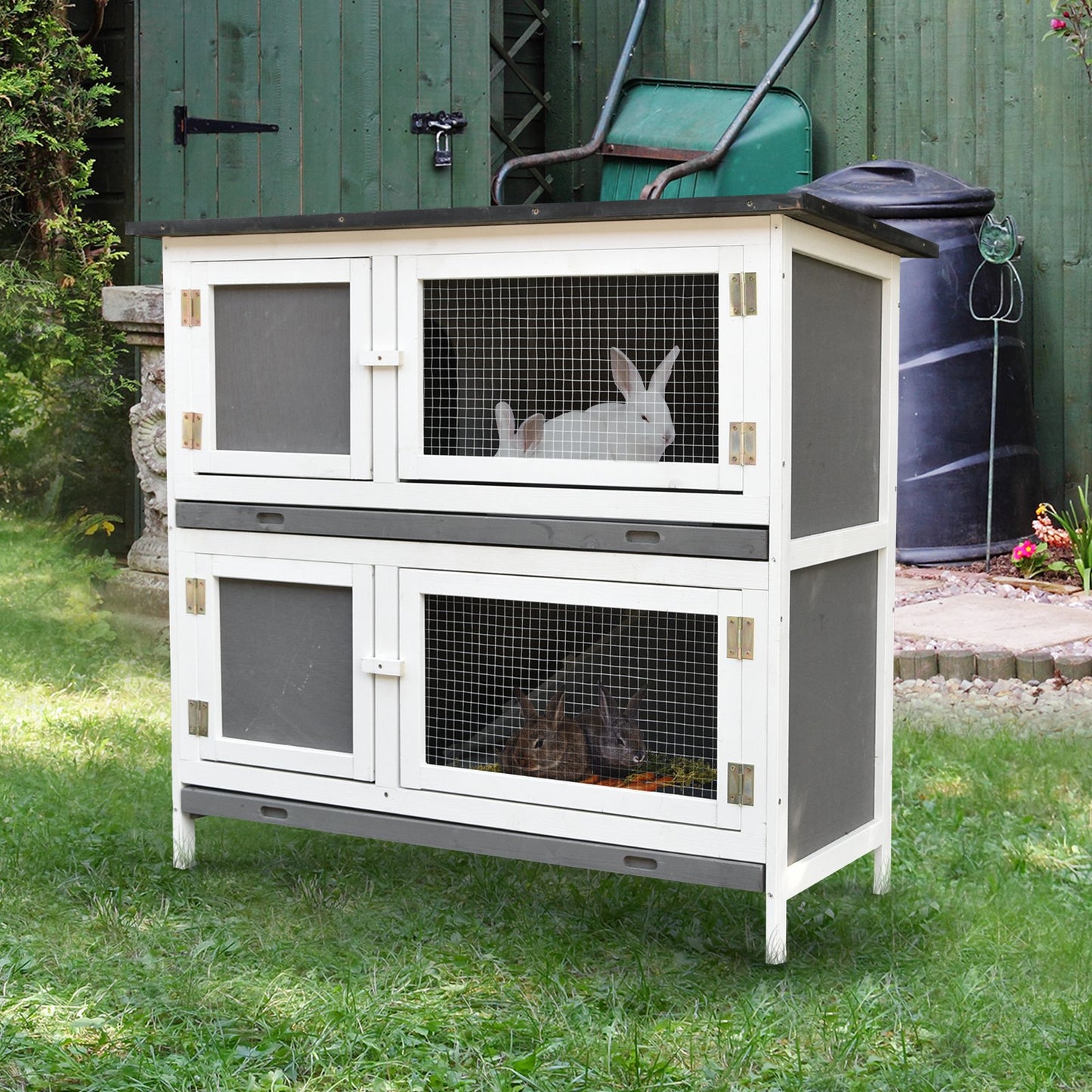 Pawhut Solid Wood Rabbit/Bunny Hutch with 2 Large Main Rooms Protection from UV Rays and Water and Firm Cage Grey | Aosom Canada