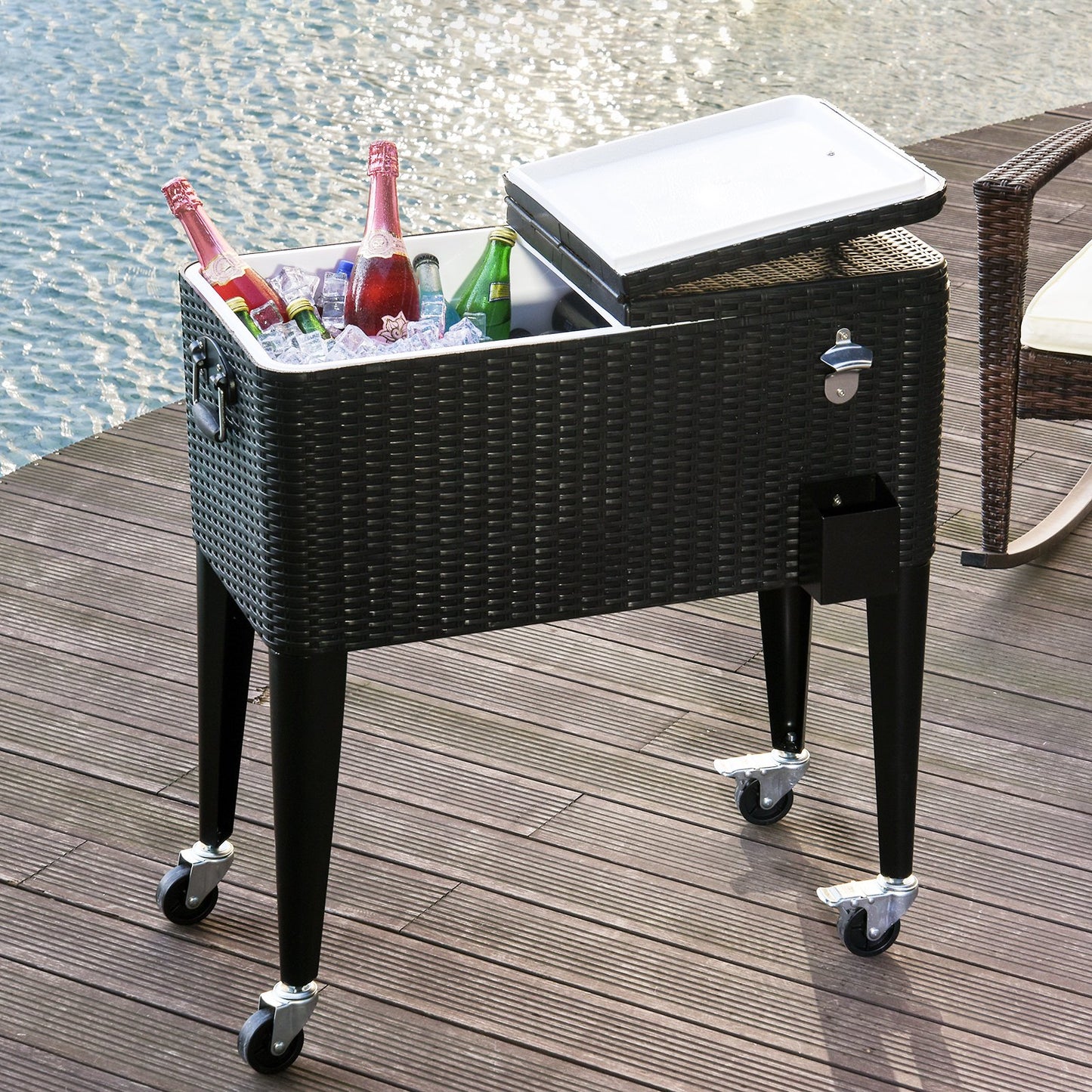 Outsunny Rolling Cooler Cart 80 Quart Portable Patio Ice Beer Beverage Cooling Bin for Outdoor Party Bottle Opener Storage Shelf Brown | Aosom Canada