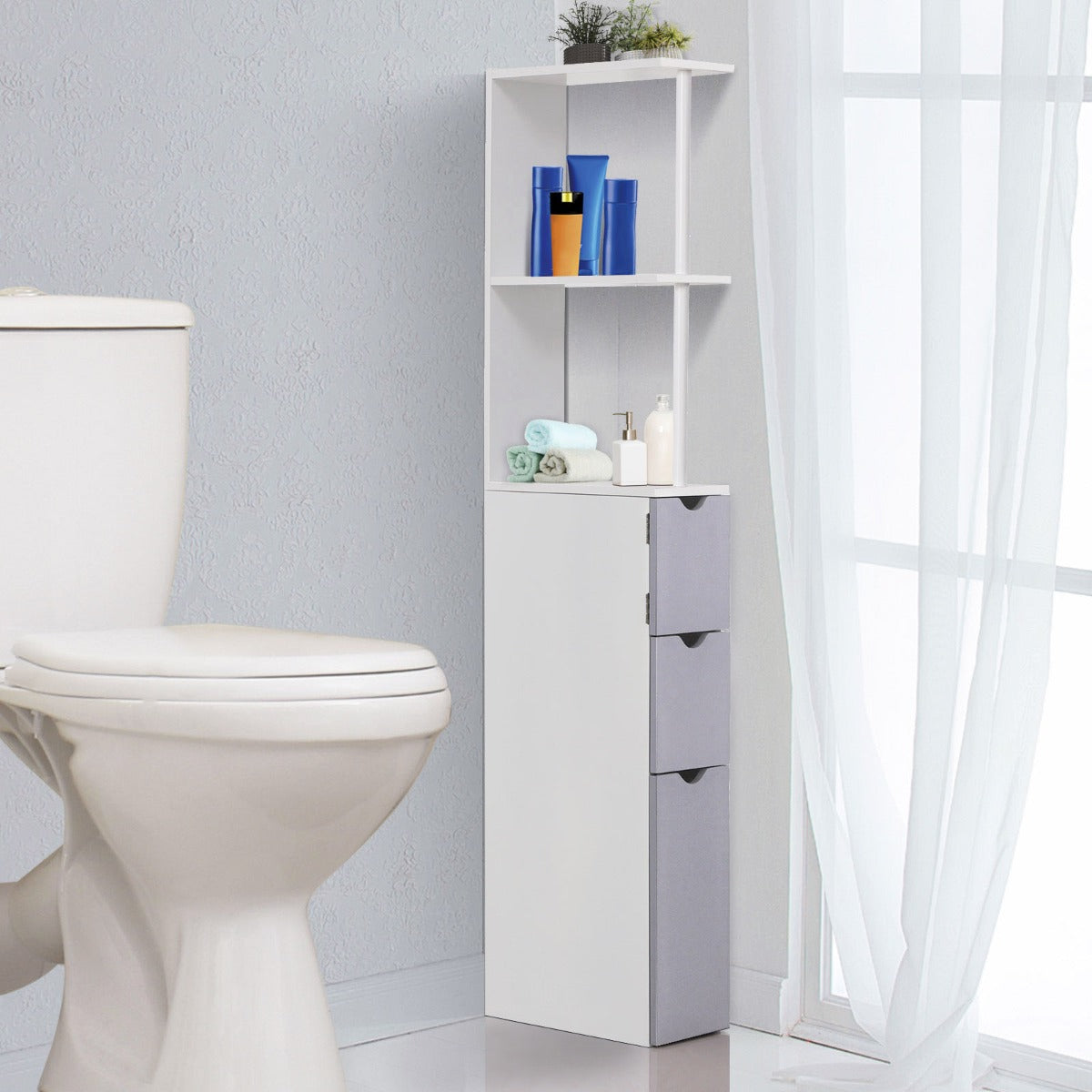 HOMCOM Tall Bathroom Storage Cabinet Scrolled Cupboard Drawer w/ Open Shelves Space Saving Design | Aosom Canada