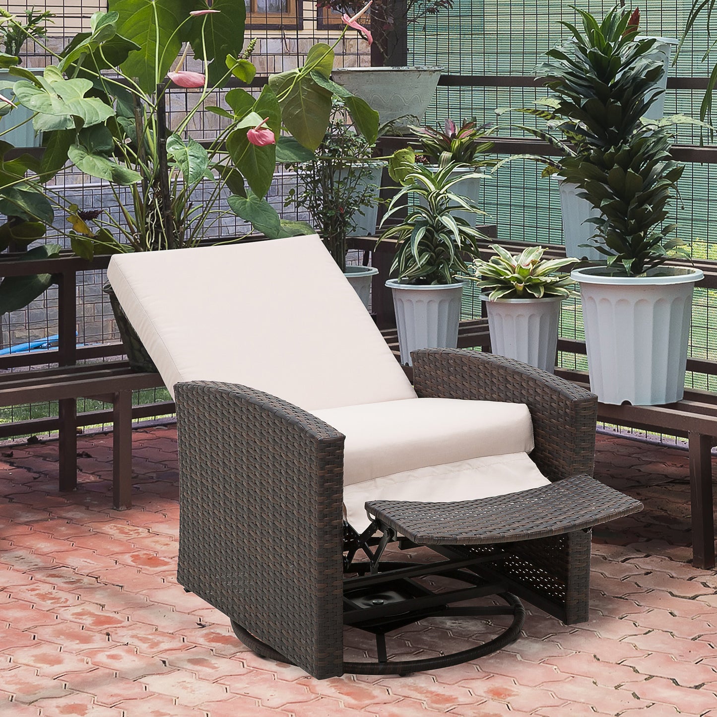 Outsunny Deluxe Swivel Rattan Wicker Sofa Chair Reclining Lounge Outdoor Patio Furniture w/ Cushion, Brown/Kaki | Aosom Canada
