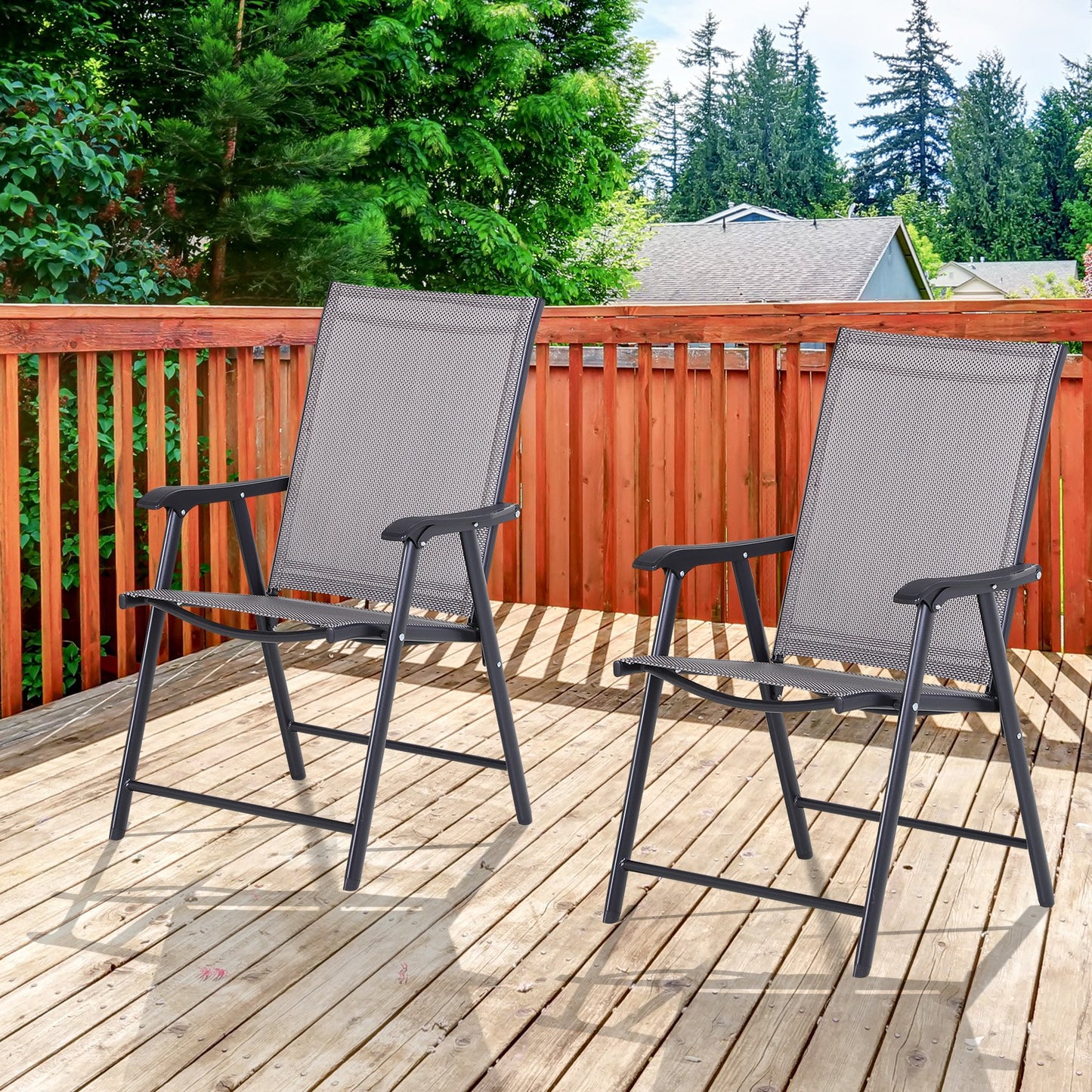 Outsunny 2-PCS Foldable Steel Garden Chairs Outdoor Patio Park Seat Yard Furniture Grey | Aosom Canada