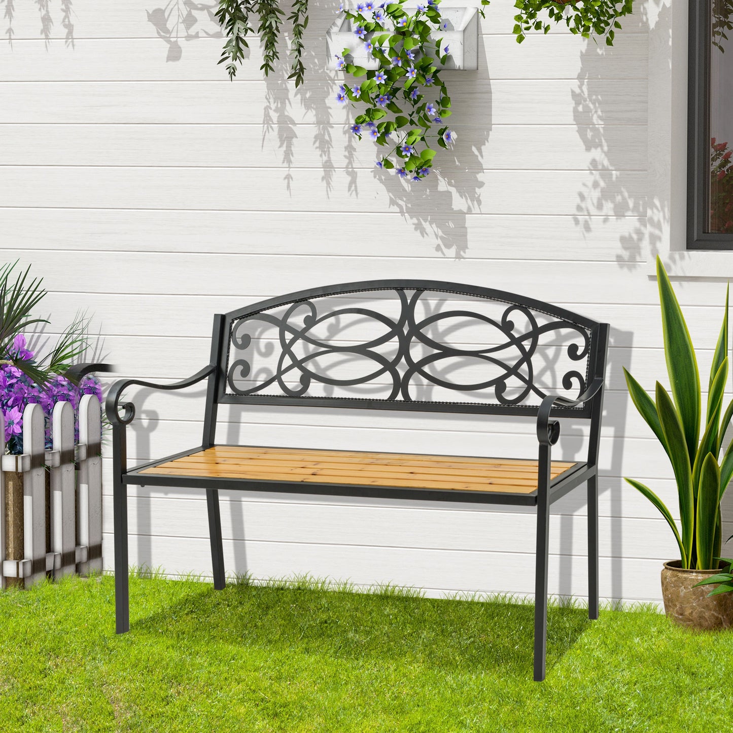 HOMCOM Garden Bench for Outdoor, 2-person Patio Bench with Steel and Wood Frame, Floral Rose Accent, Loveseat Furniture, Natural | Aosom Canada