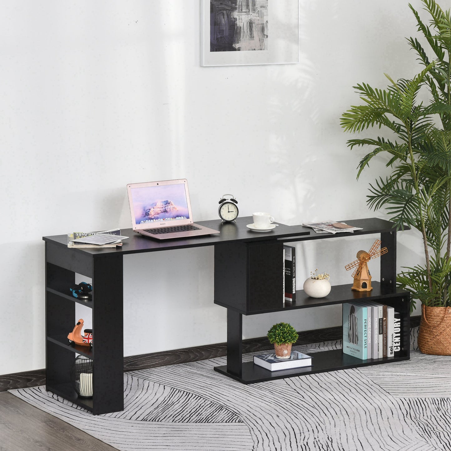 HOMCOM 360° Rotating Corner Desk L-Shaped PC Workstation Student Writing Table w/ Storage Shelf Home Office Black | Aosom Canada