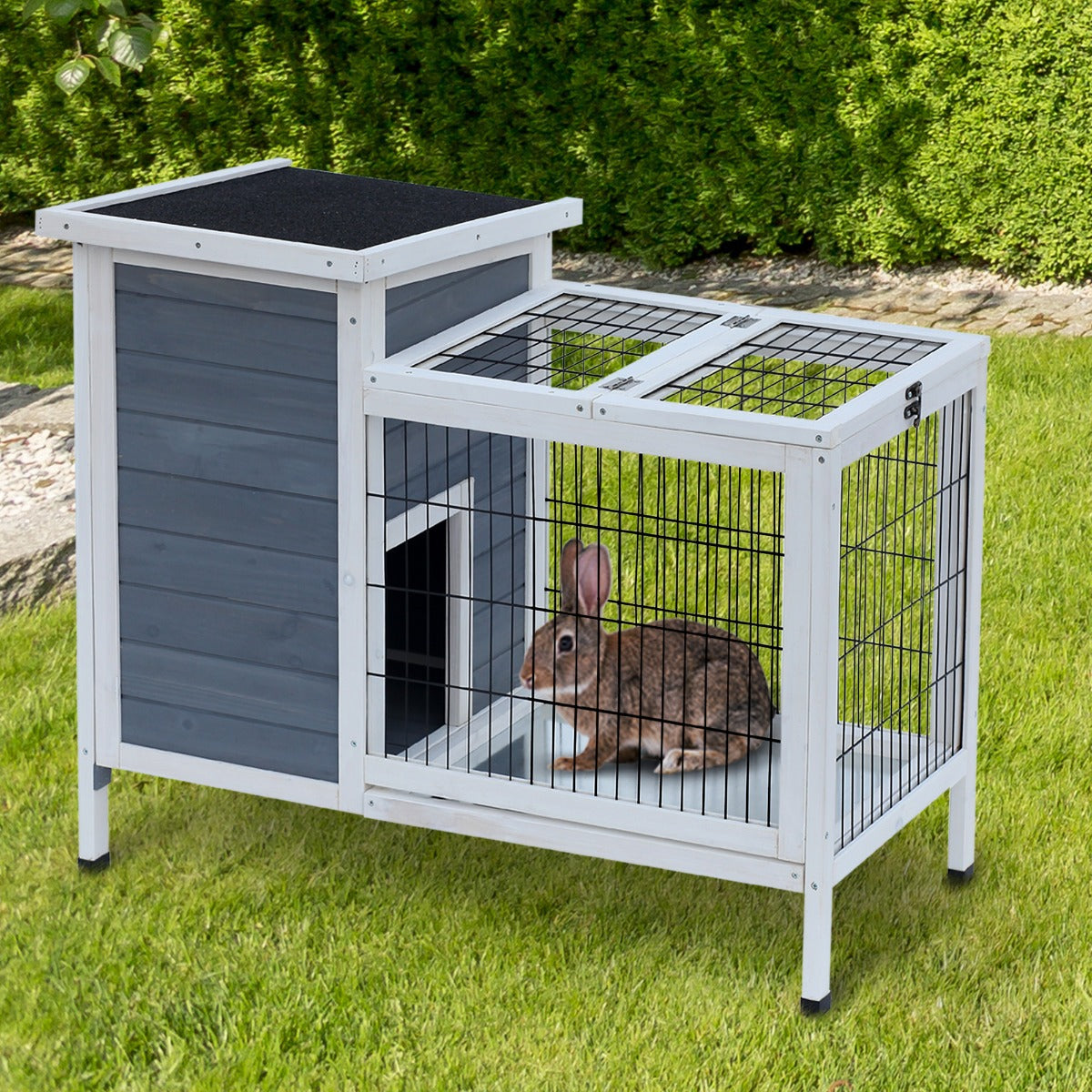 PawHut 36" Wooden Outdoor Rabbit Hutch Elevated Bunny Cage Grey/White | Aosom Canada
