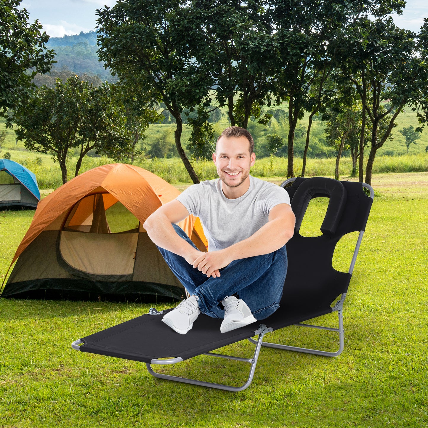 Outsunny Folding Chaise Lounge Adjustable Beach Camping Sun Bed w/ Face Cavity Black | Aosom Canada