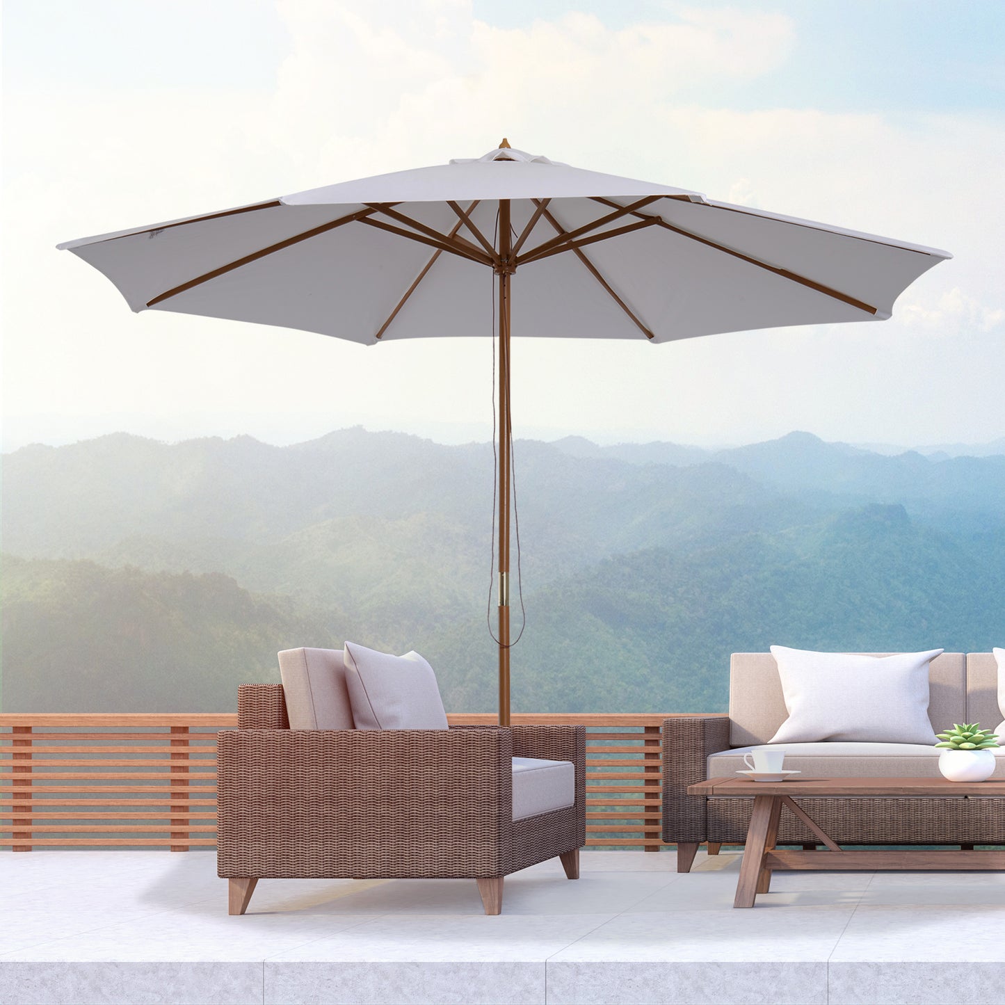 Outsunny 10' x 8.2'H Bamboo Wooden Round Market Patio Sun Umbrella Garden Parasol Outdoor Sunshade Canopy (Beige) | Aosom Canada