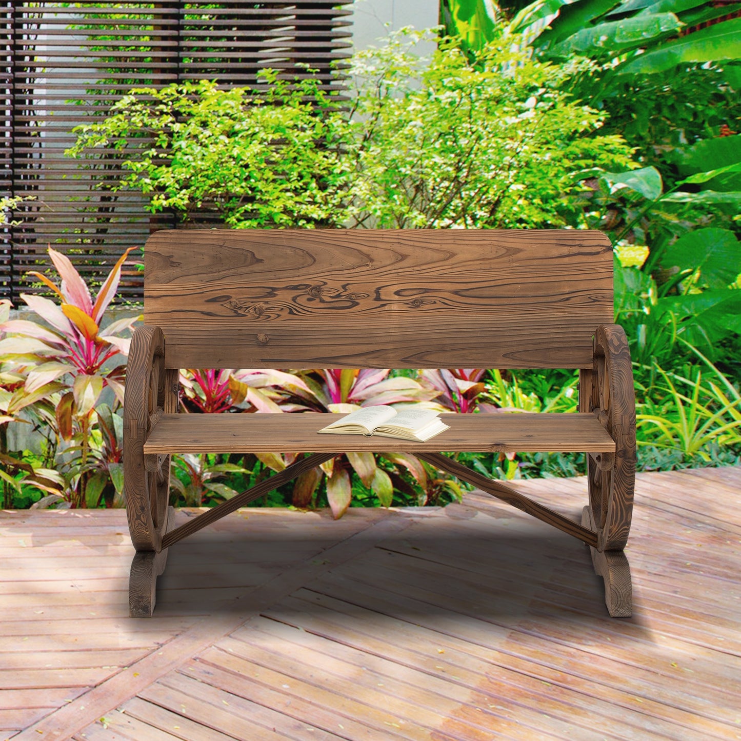 Outsunny Wooden Wagon Wheel Bench Rustic Design 2 Seater Garden Outdoor Chair High Back Loveseat | Aosom Canada