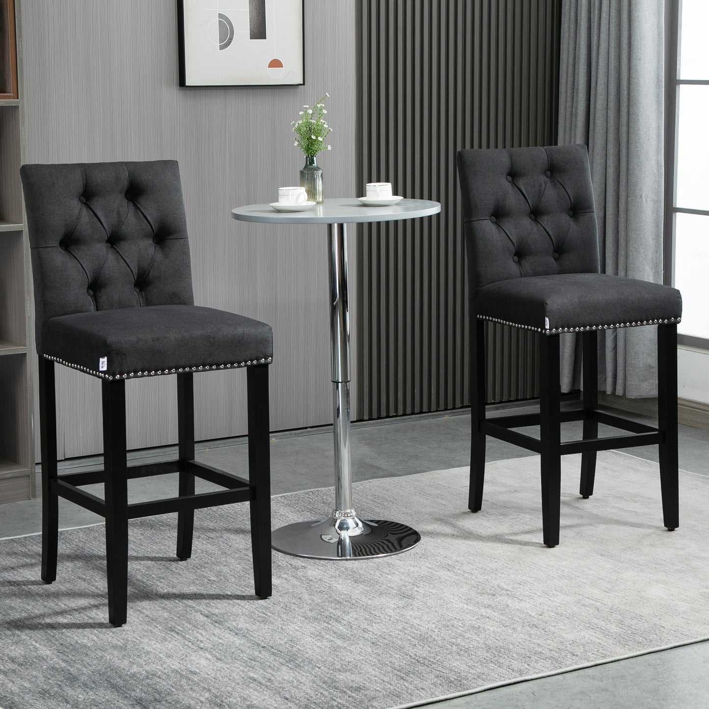 HOMCOM Fabric Bar Stool Set of 2, Tall 29.5" Seat Height Bar Chairs with Tufted Back & Wood Legs, Dark Grey | Aosom Canada