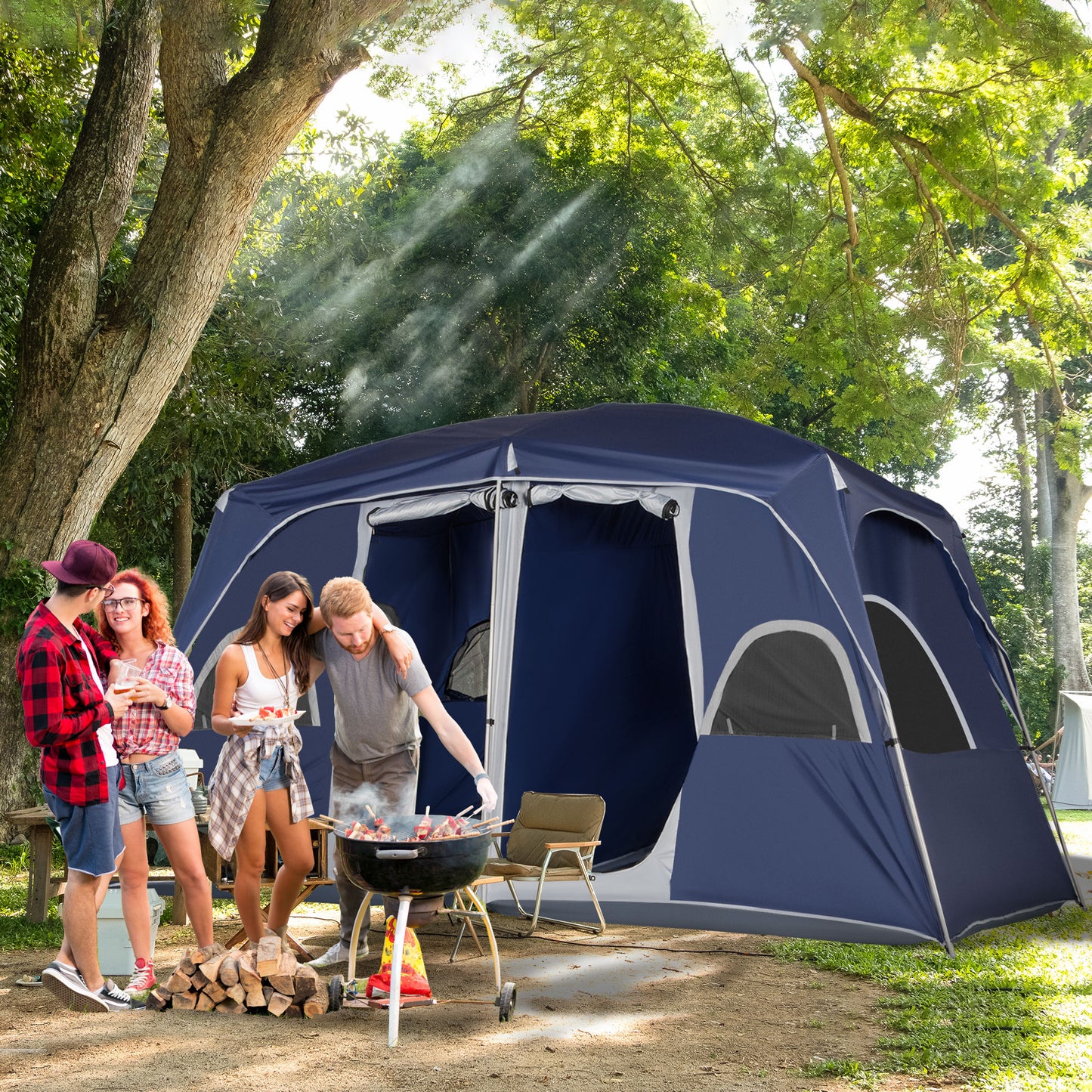 Outsunny Camping Tent, Family Tent 4-8 Person 2 Room, with Large Mesh Windows, Easy Set Up 13'L x 9'W x 7'H, Blue | Aosom Canada