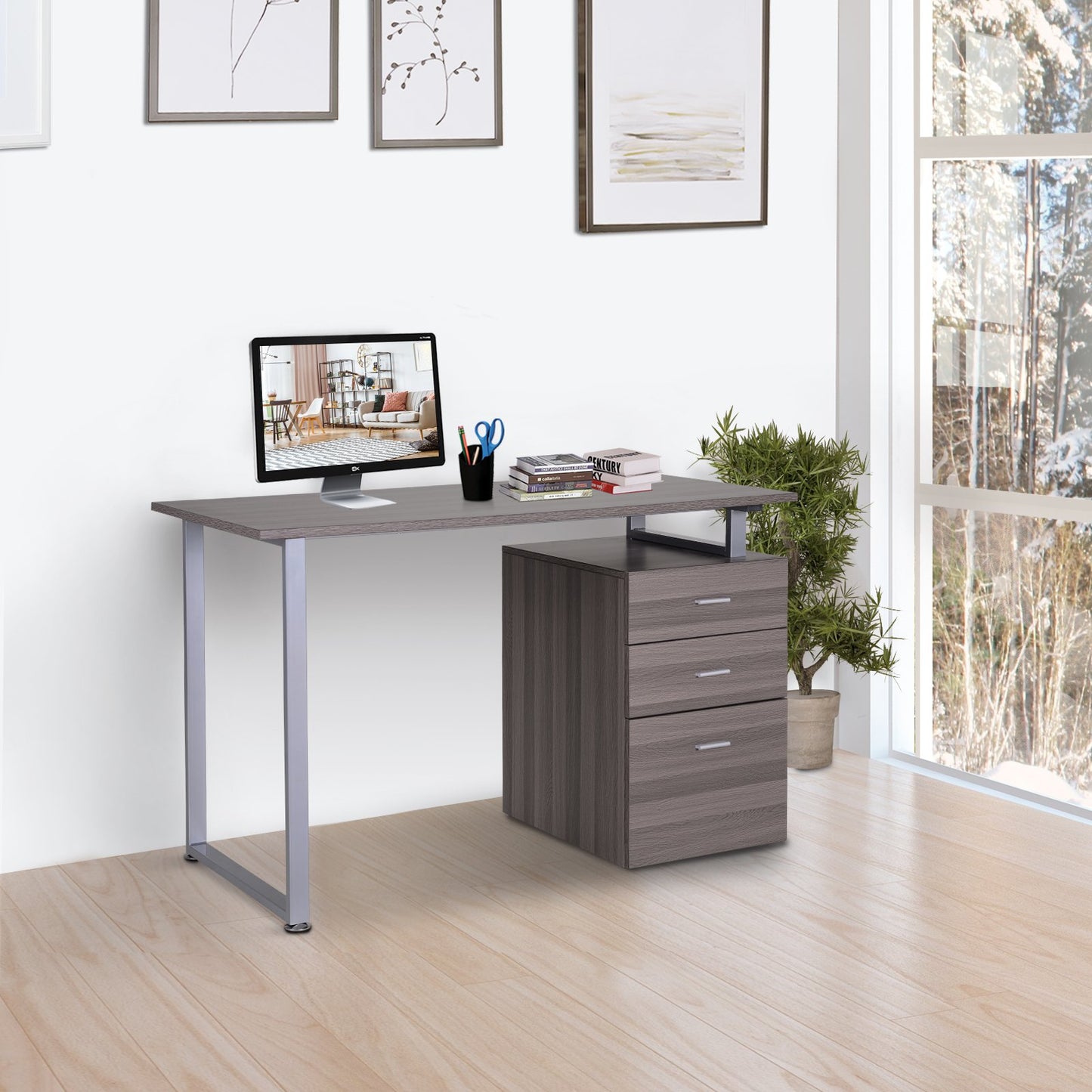 HOMCOM 47" Computer Desk Writing Table Workstation w/ Multi-Use Reversible File Drawers Metal Frame Home Office Furniture Wood Grain | Aosom Canada
