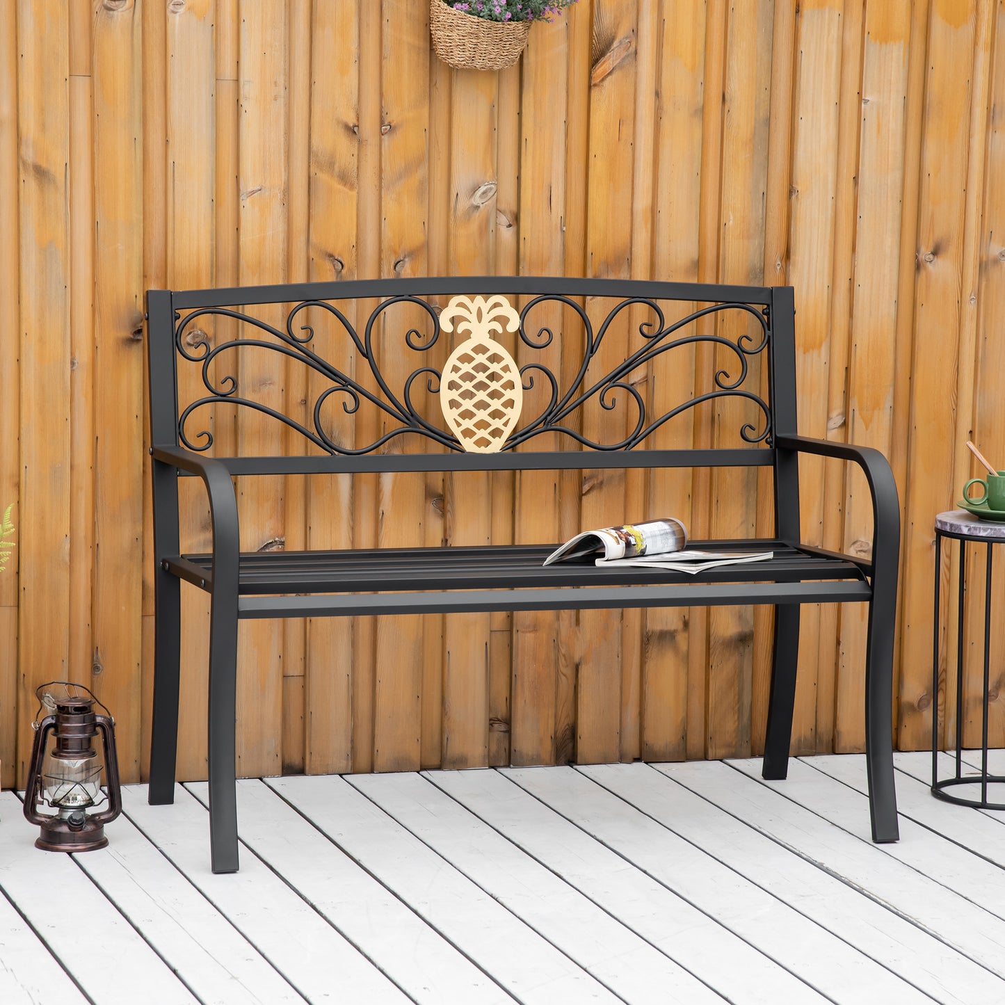 Outsunny 2 Seater Garden Bench Loveseat with Golden Pineapple on Backrest for Yard, Lawn, Porch, Patio, Steel | Aosom Canada