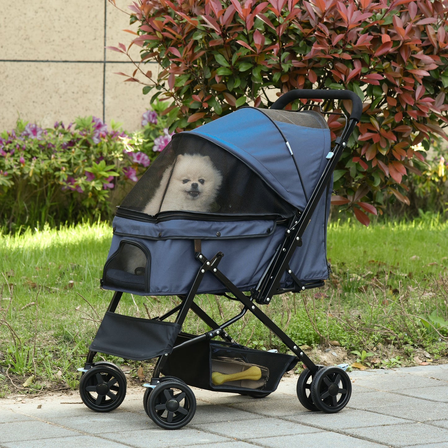 PawHut Pet Stroller Foldable Jogging Stroller w/ Reversible Handle Rear Door Wheel 3-stage Canopy Mesh Window Door Dark Blue | Aosom Canada