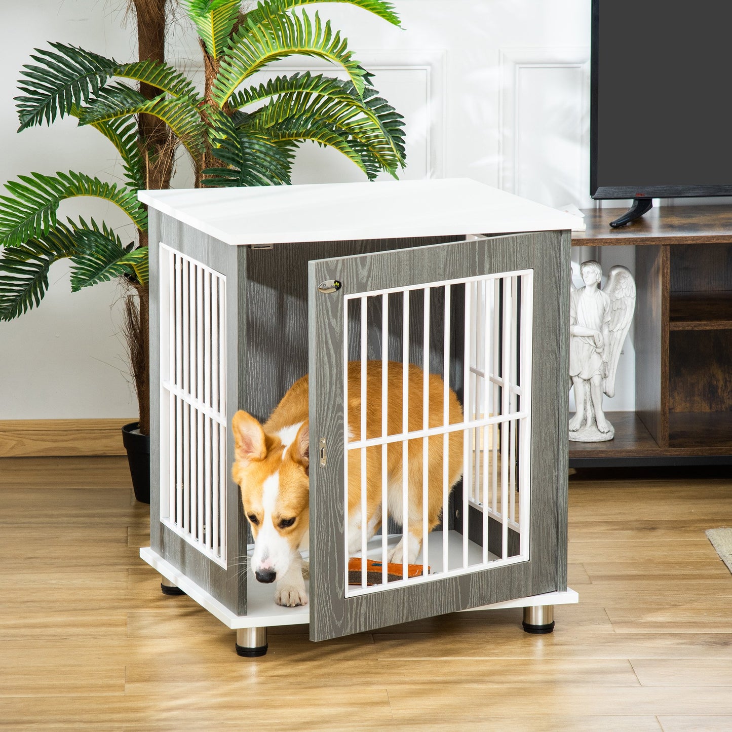 PawHut Dog Crate, Pet Cage Kennel, End Table Furniture Style, Indoor Decorative Dog House, with Wooden Top, Grey | Aosom Canada