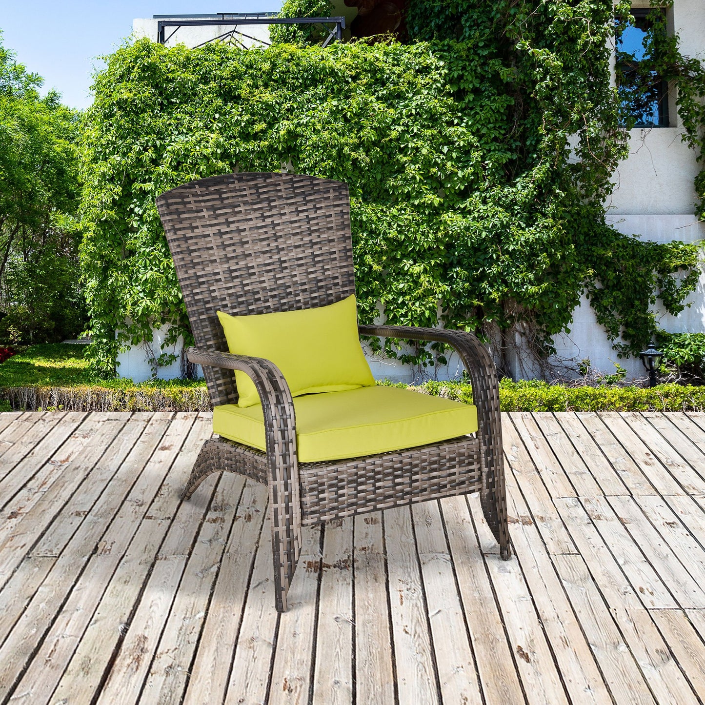 Outsunny Outdoor Classic Rattan Adirondack Deck Chair Armrest Lounge Chair with Cushion Green | Aosom Canada