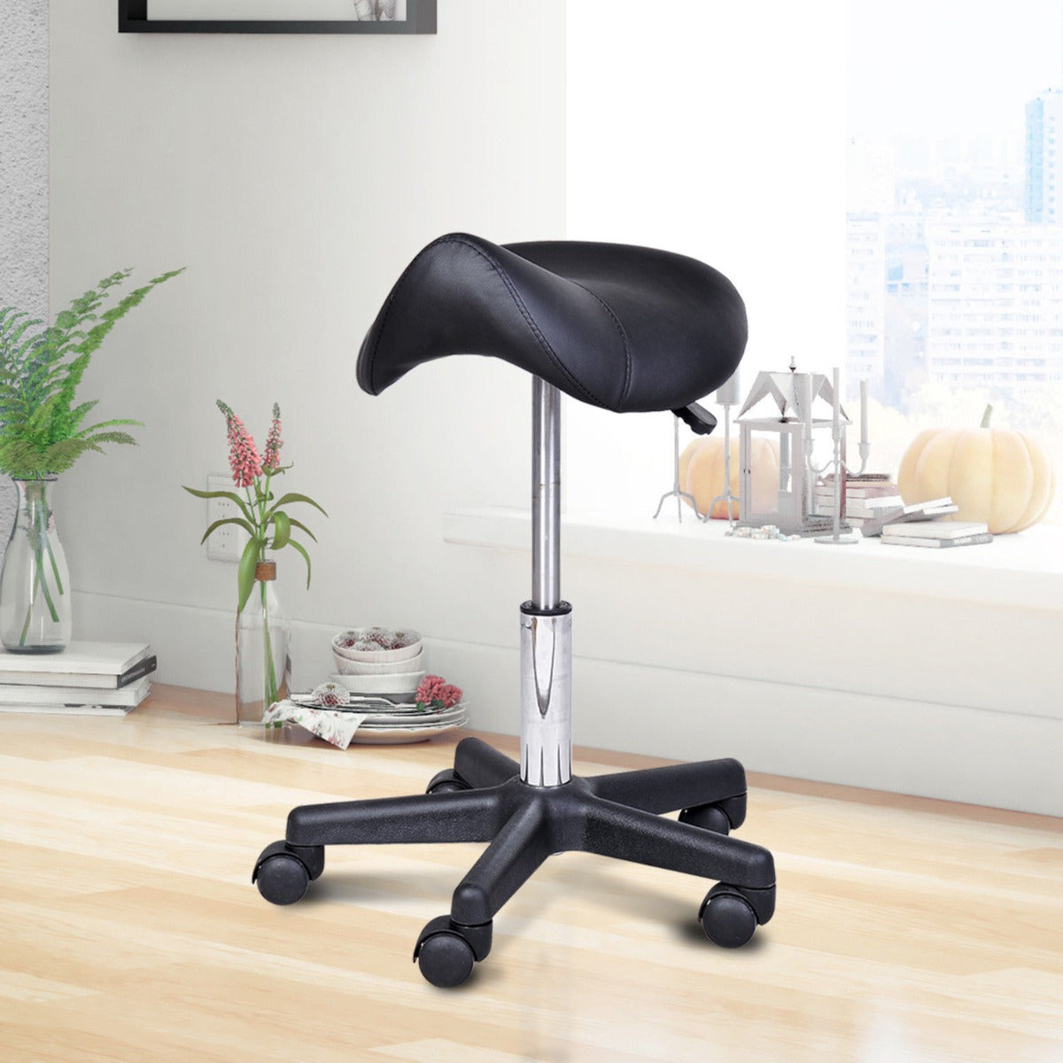 HOMCOM Salon Chair Saddle Stool Rolling Swivel Massage Spa Beauty Leather Adjustable Seat Black| Aosom Canada