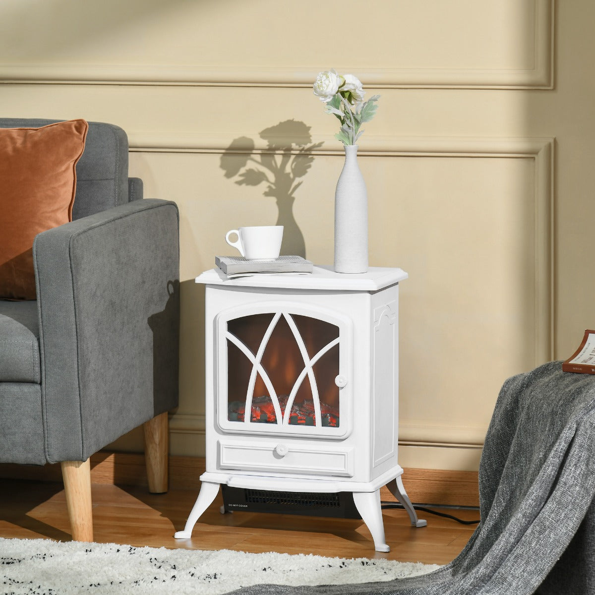 HOMCOM Free Stand Electric Fireplace Stove Heater with Adjustable LED Flame Effect and Front Door, 750W/1500W, White | Aosom Canada