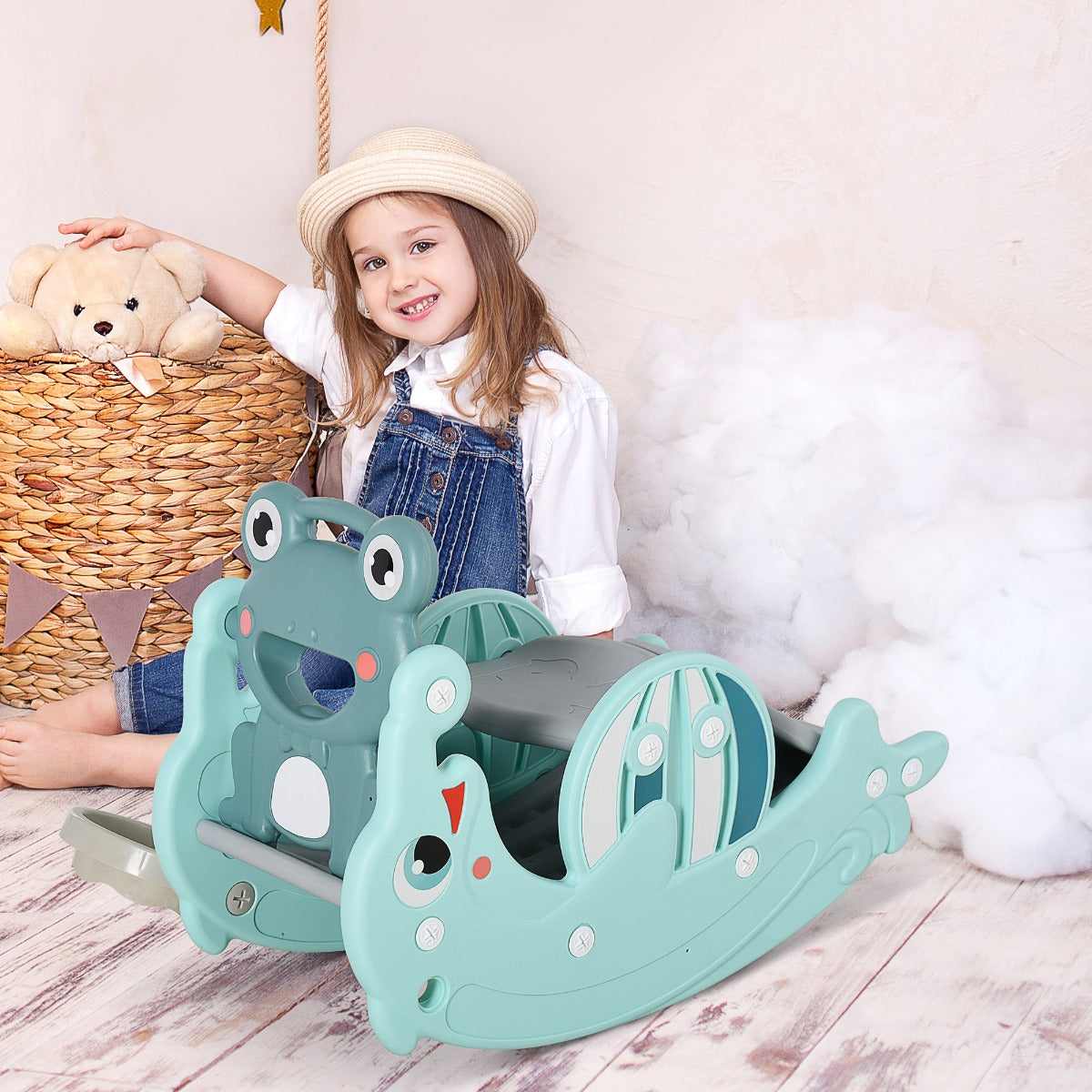 Qaba Qaba 3-in-1 Slide and Rocking Horse Portable Slide Basketball Hoop Age 3-5 | Aosom Canada