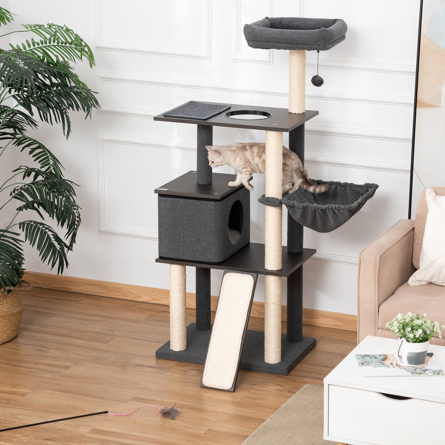 PawHut 58" Huge Cat Tree Kitty Activity Center Cat Climbing Toy Rest Pet Furniture with Sisal Scratching Post Pad Dark Grey | Aosom Canada