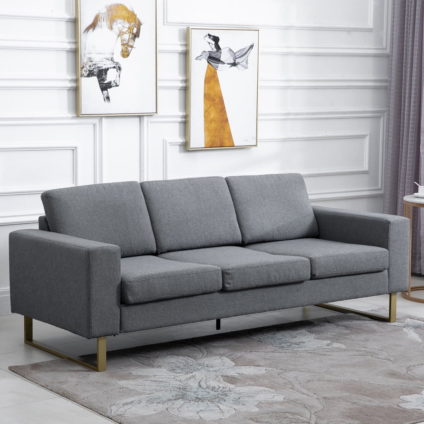 HOMCOM Modern Three Seat Cozy Sofa Linen Upholstered Padded Couch w/ Steel Leg Backrest and Wide Armrest Grey | Aosom Canada