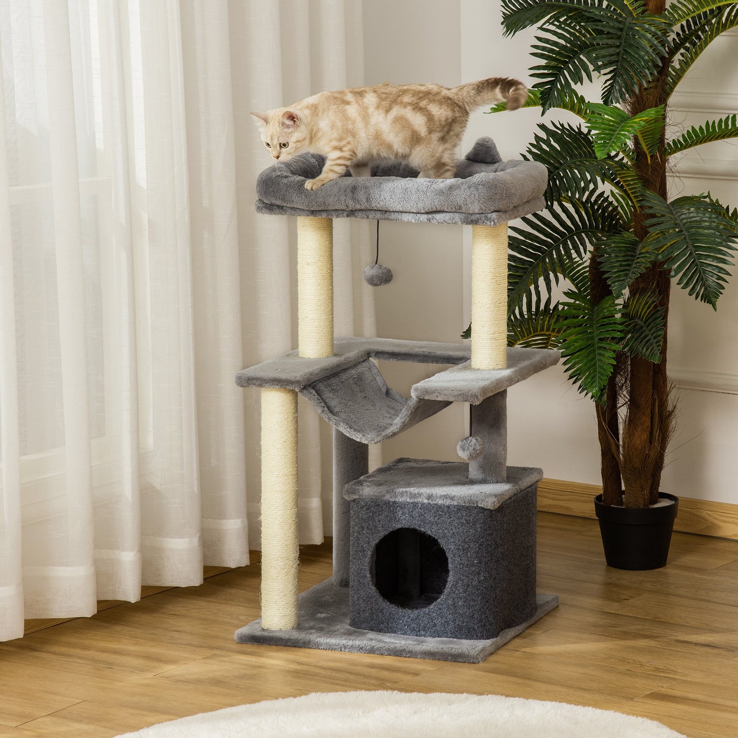 PawHut Cat Tree Tower Multi-Level Kitten House with Scratching Post Condo Hammock Bed Ball Toy - 19 x 19 x 39.25 Inches, Gray | Aosom Canada