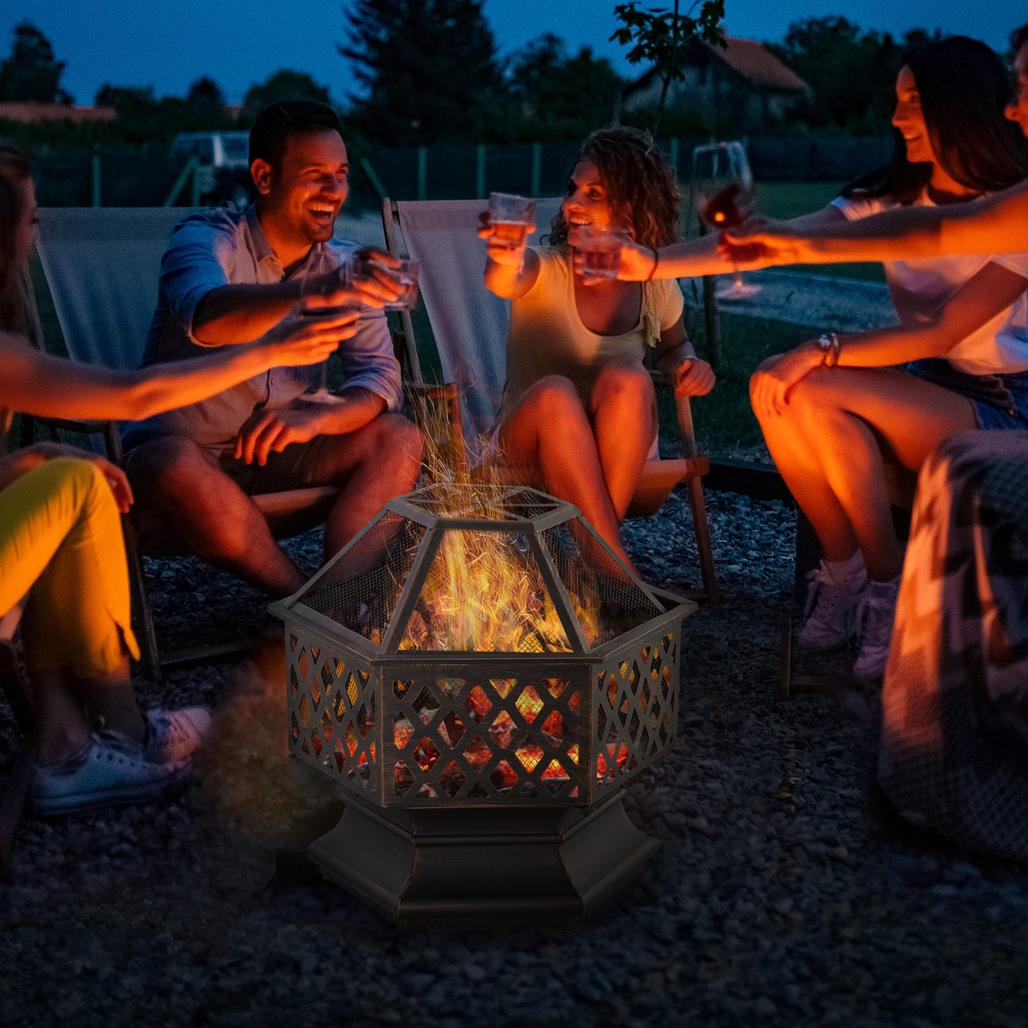 Outsunny Outdoor Fire Pit with Screen Cover, Portable Wood Burning Firebowl with Poker for Patio, Backyard, Bronze | Aosom Canada
