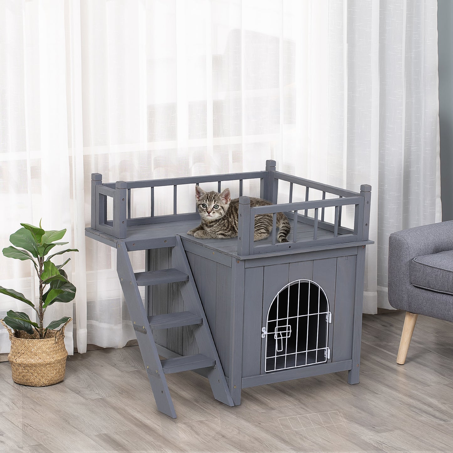 PawHut 2-Story Pet House for Cats Miniature Sized Dogs, Wooden Kitten Shelter with Enclosure, Balcony, Lockable Gate, Stairs, Grey | Aosom Canada