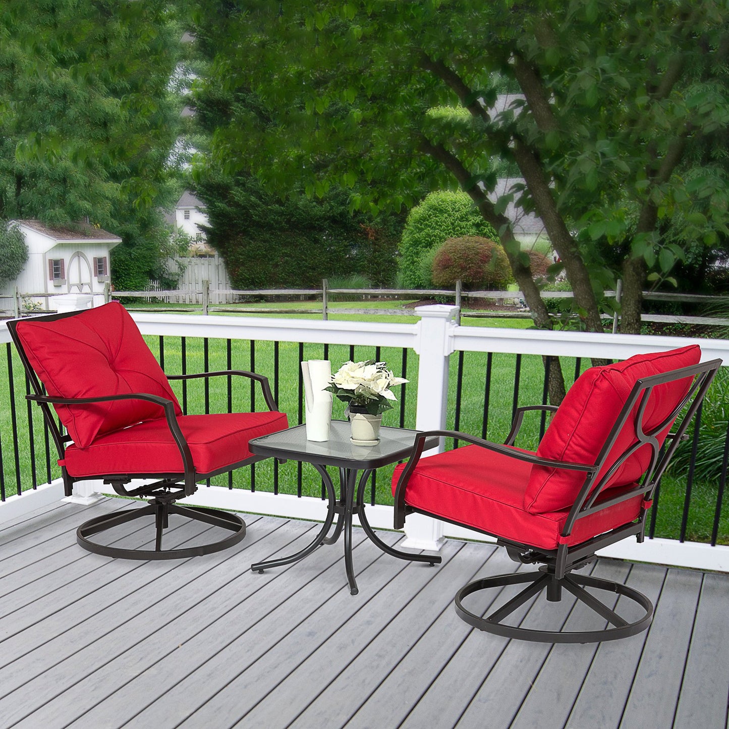 Outsunny 3PCs Outdoor Metal Toughened Glass Coffee Table 360° Swivel Rocking Chair Garden Rocker Red | Aosom Canada
