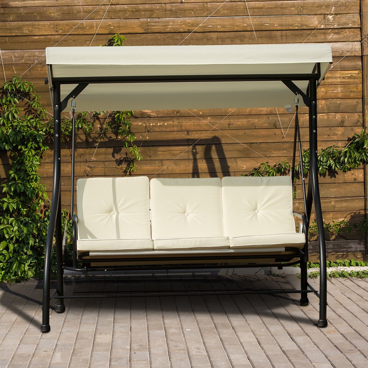 Outsunny 3 Seater Patio Swing Chair Convertible Cushioned Bed Outdoor Porch w/ Canopy Beige | Aosom Canada