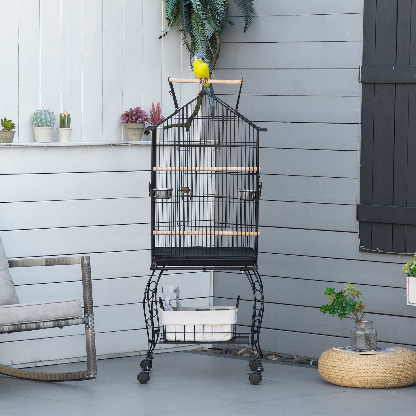 PawHut Bird Cage 57 Inch Flight Cage for Finch Canary Budgie with Rolling Stand, Pull Out Tray, Storage Shelf, Open Top | Aosom Canada