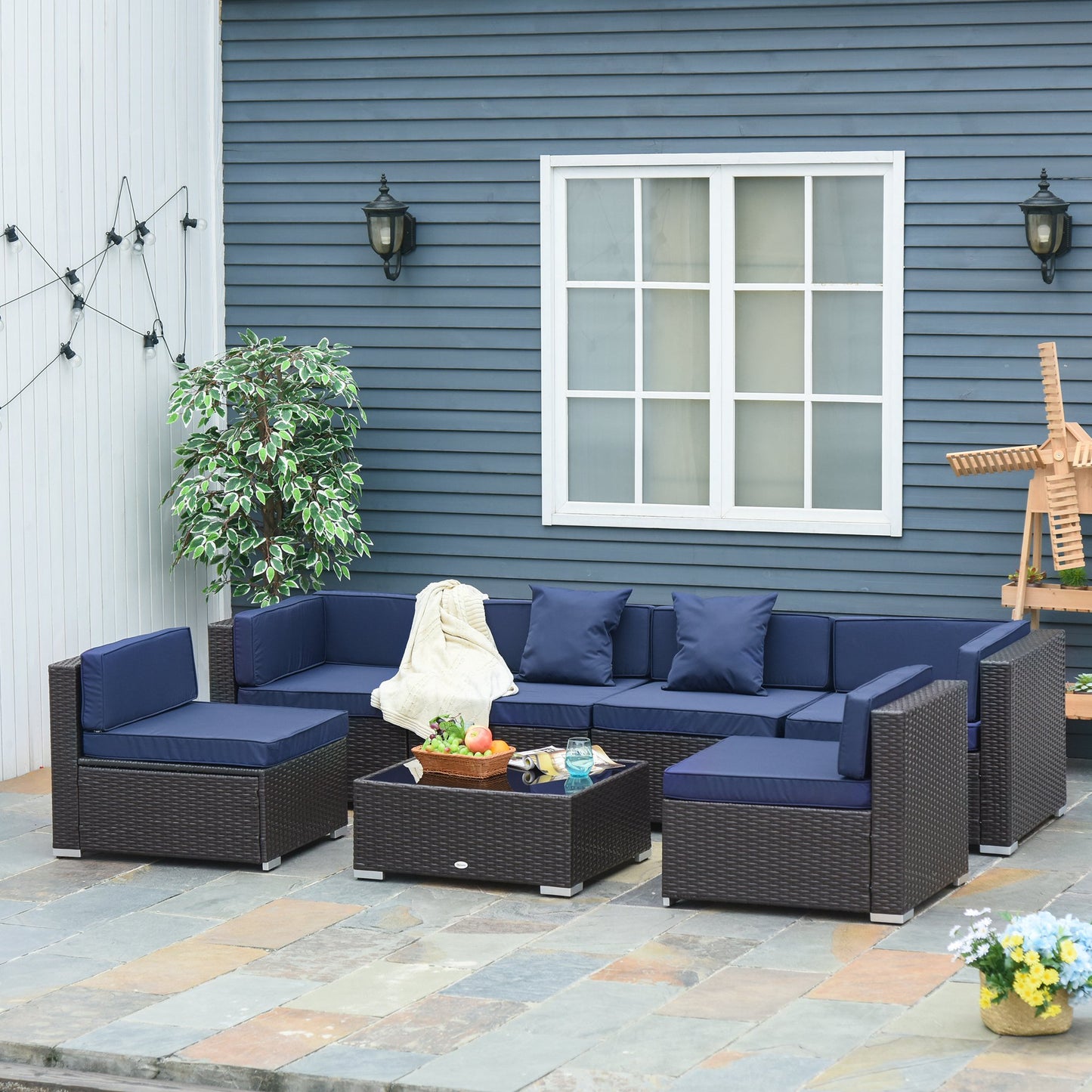 Outsunny 7pc Garden Wicker Sectional Set w/ Tea Table Patio Rattan Lounge Sofa with Cushion Outdoor Deck Furniture All Weather | Aosom Canada
