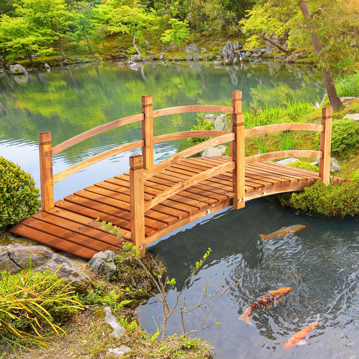 Outsunny 6FT Wooden Garden Bridge Classic Arc Footbridge with Guardrails for Stream Pond Walkway, Orange | Aosom Canada